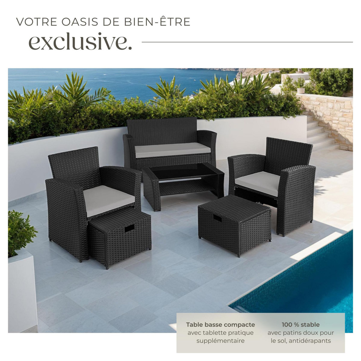 tectake Salon de jardin pour 4 à 6 personnes noir/gris