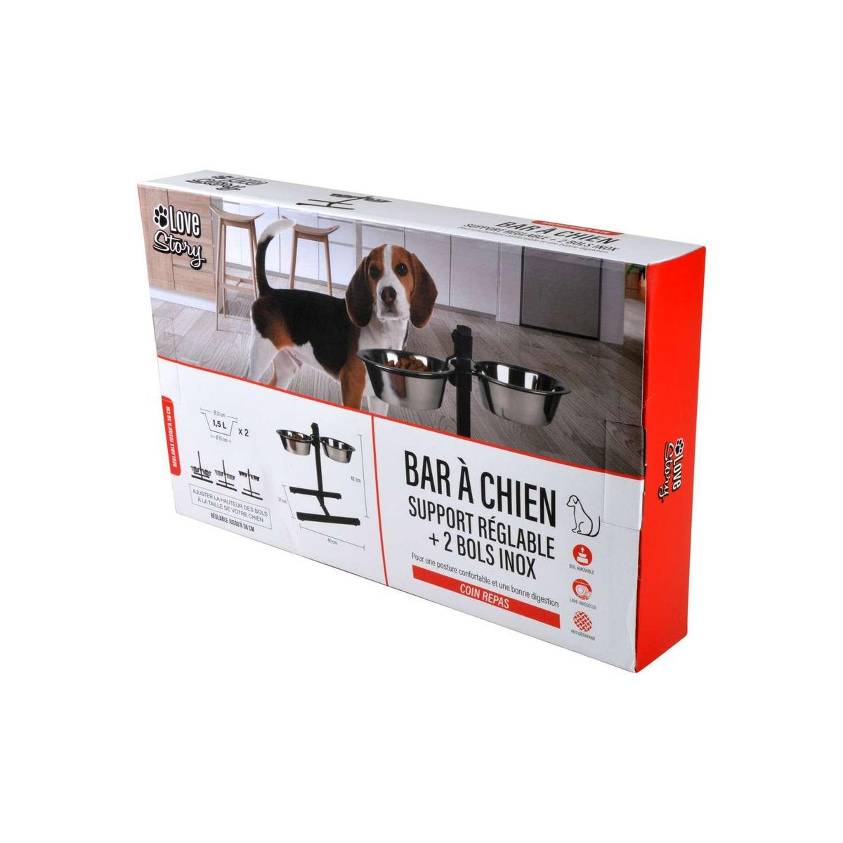 LOVE STORY Bar à chien porte-gamelles avec 2 bols inox