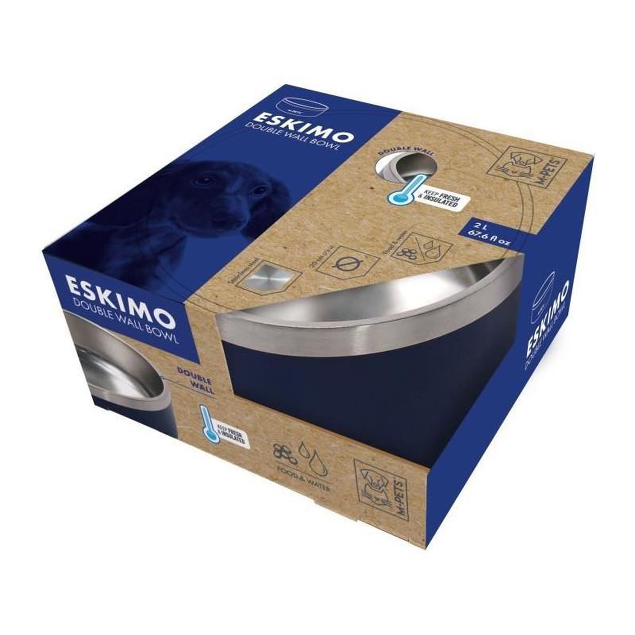 Voir la diapositive 2 : M PETS Gamelle - M PETS - ESKIMO - Double paroi 2 L - Bleu - Acier inoxydable, antidérapant, inodore, antirouille, lavable