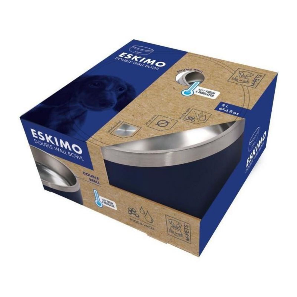 M PETS Gamelle - M PETS - ESKIMO - Double paroi 2 L - Bleu - Acier inoxydable, antidérapant, inodore, antirouille, lavable