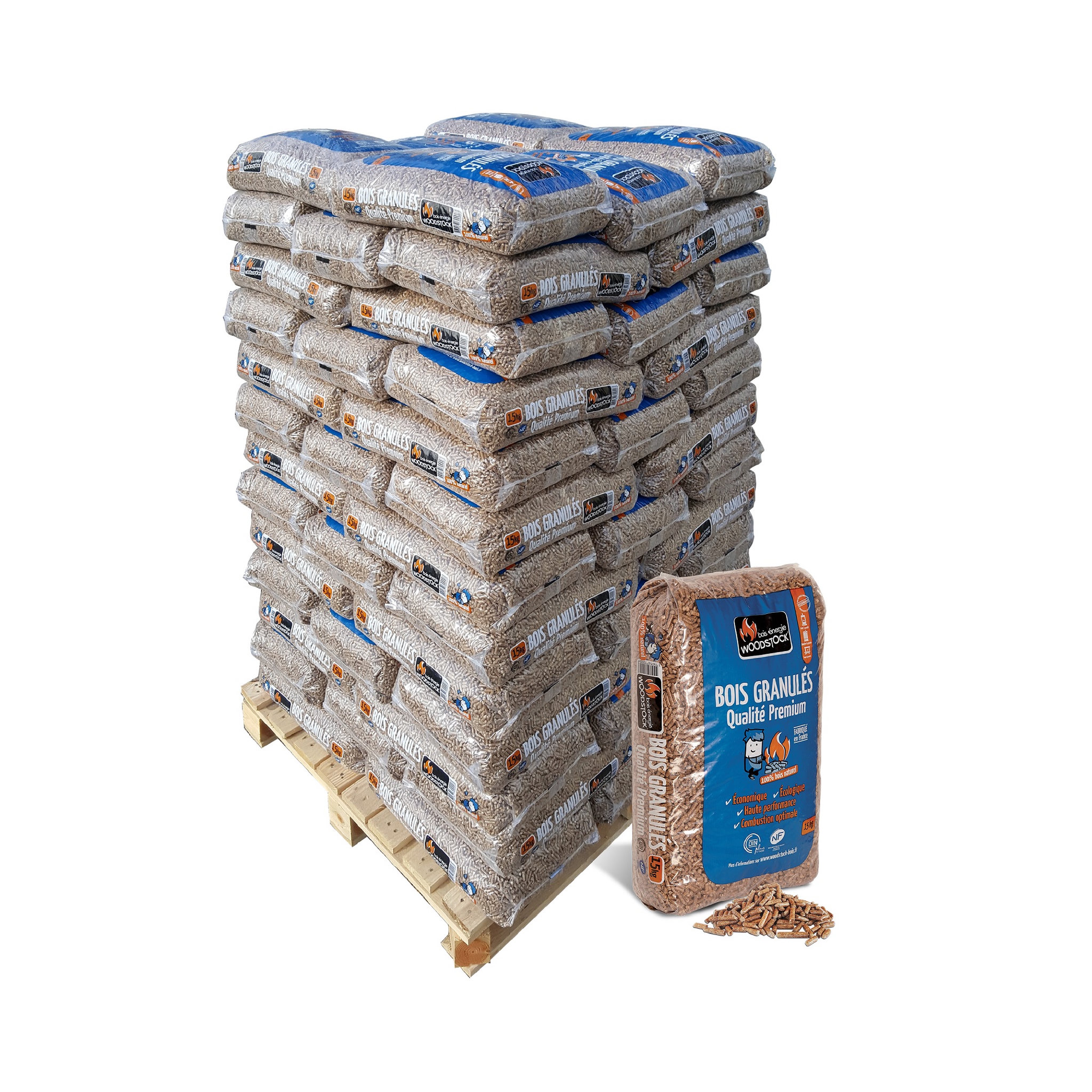 Voir la diapositive 1 : WOODSTOCK Granulés de bois - 1 palette - 78 sacs de 15 Kg