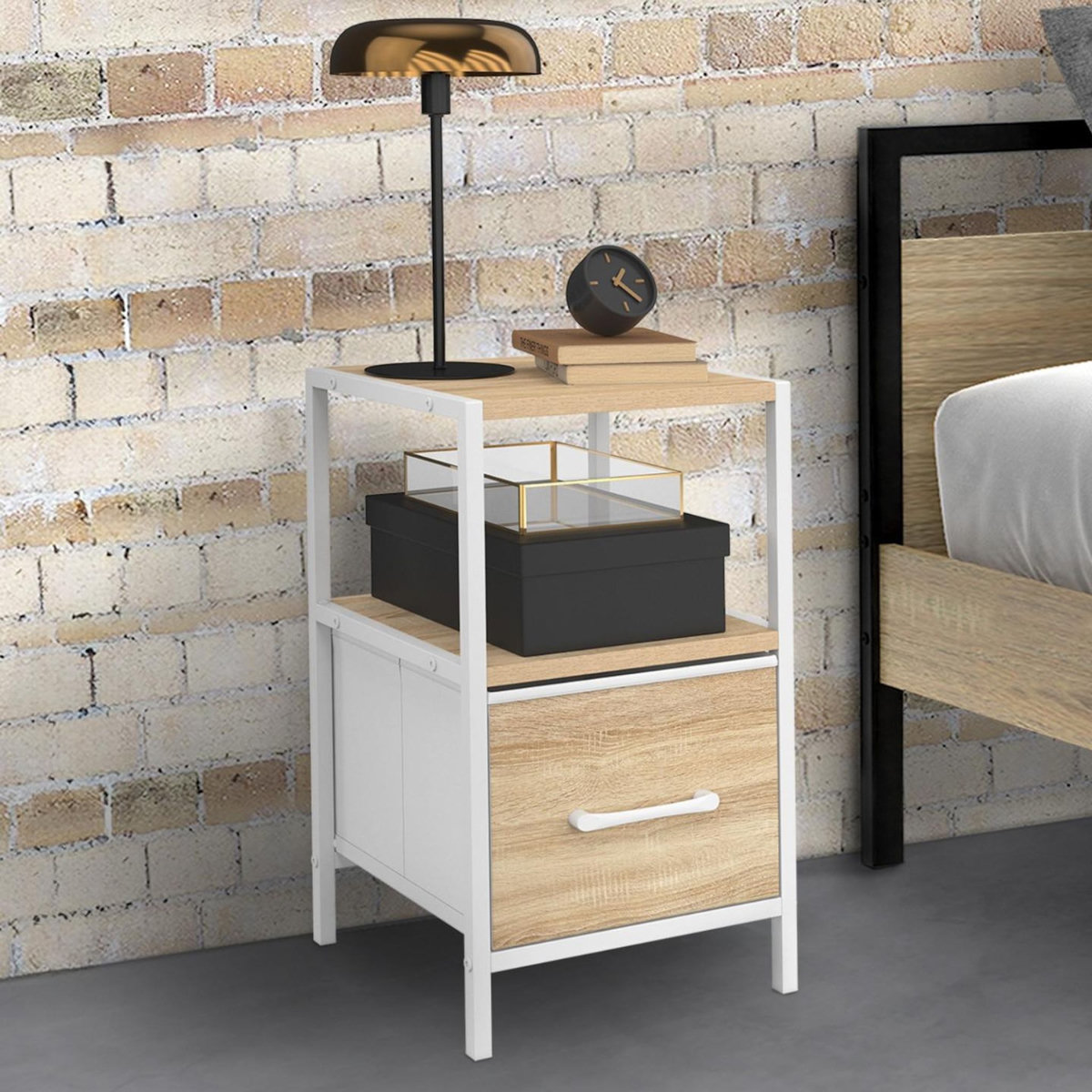 ID MARKET Lot de 2 tables de chevet UTAH 1 tiroir et 1 niche bois et blanc