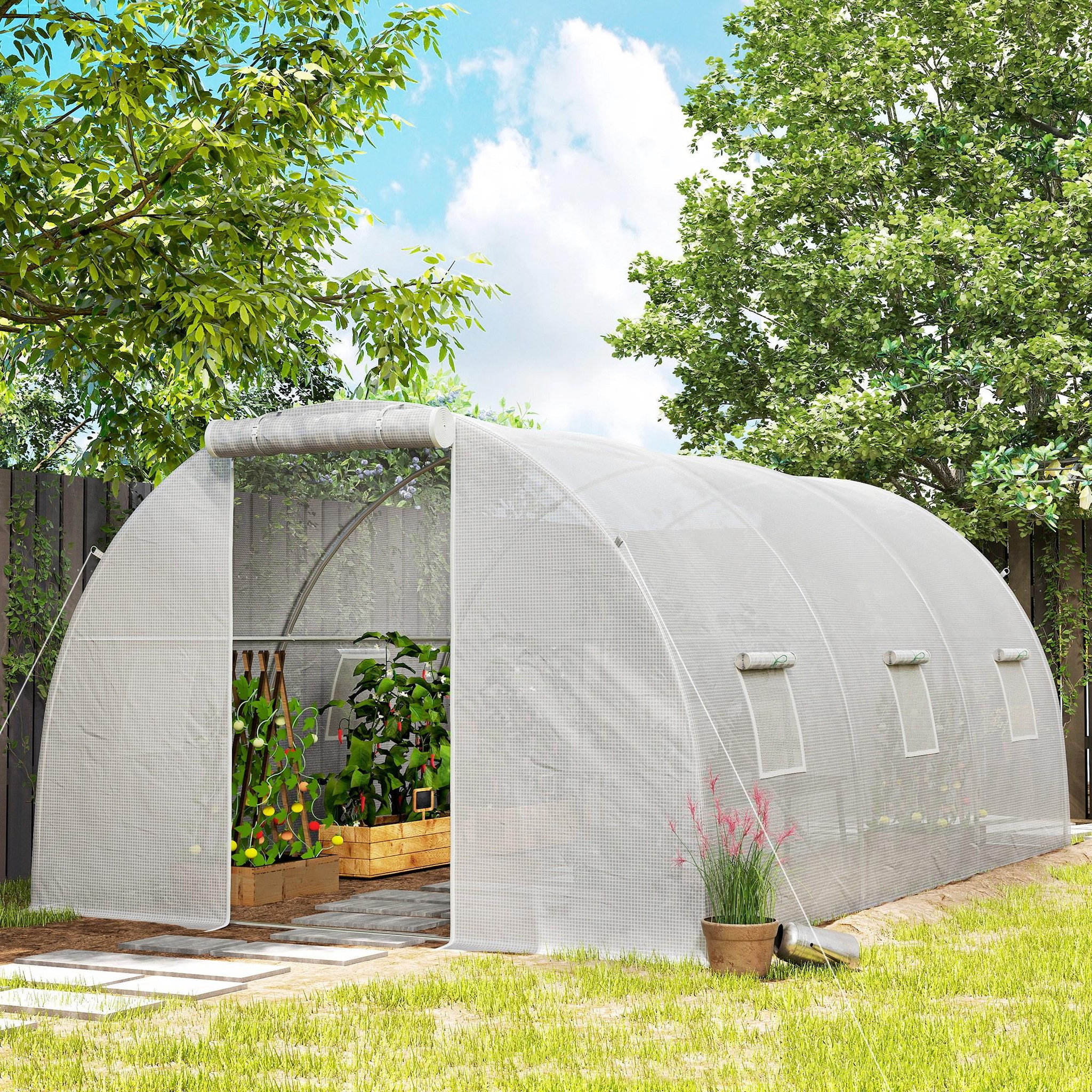 Voir la diapositive 4 : OUTSUNNY Serre tunnel 13,5 m² dim. 4,5 x 3 x 2 m - 6 fenêtres, porte zippée enroulable - acier galvanisé pe haute densité blanc