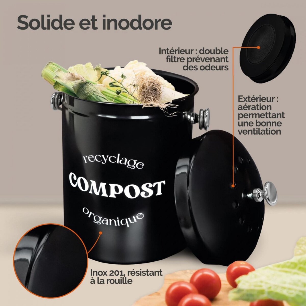 LINXOR Composteur, bac, poubelle à compost de cuisine 5L rond en Inox - Noir