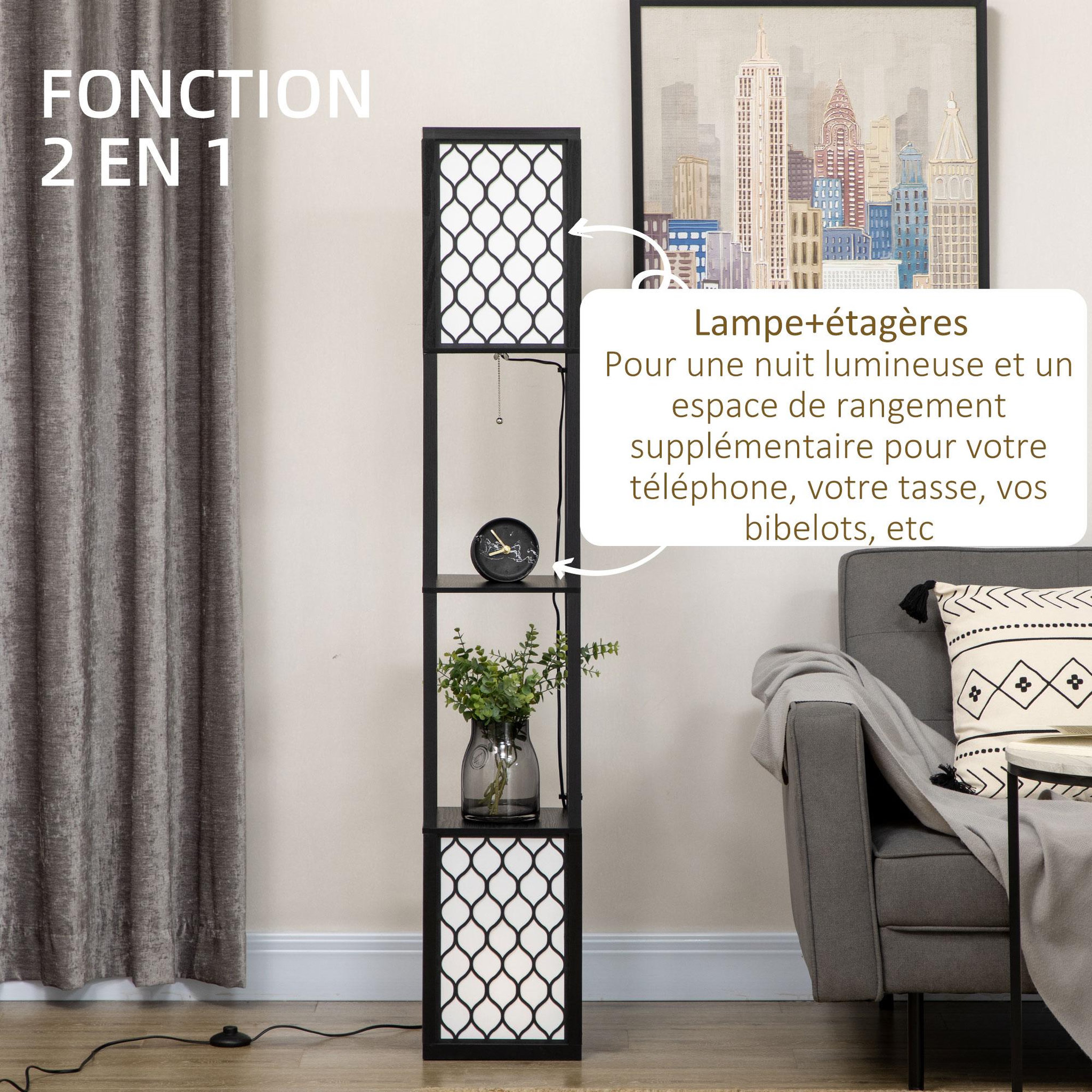 Voir la diapositive 5 : HOMCOM Lampadaire étagère lampe étagère dim. 26l x 26l x 156h cm 2 étagères mdf motif nid d'abeille noir