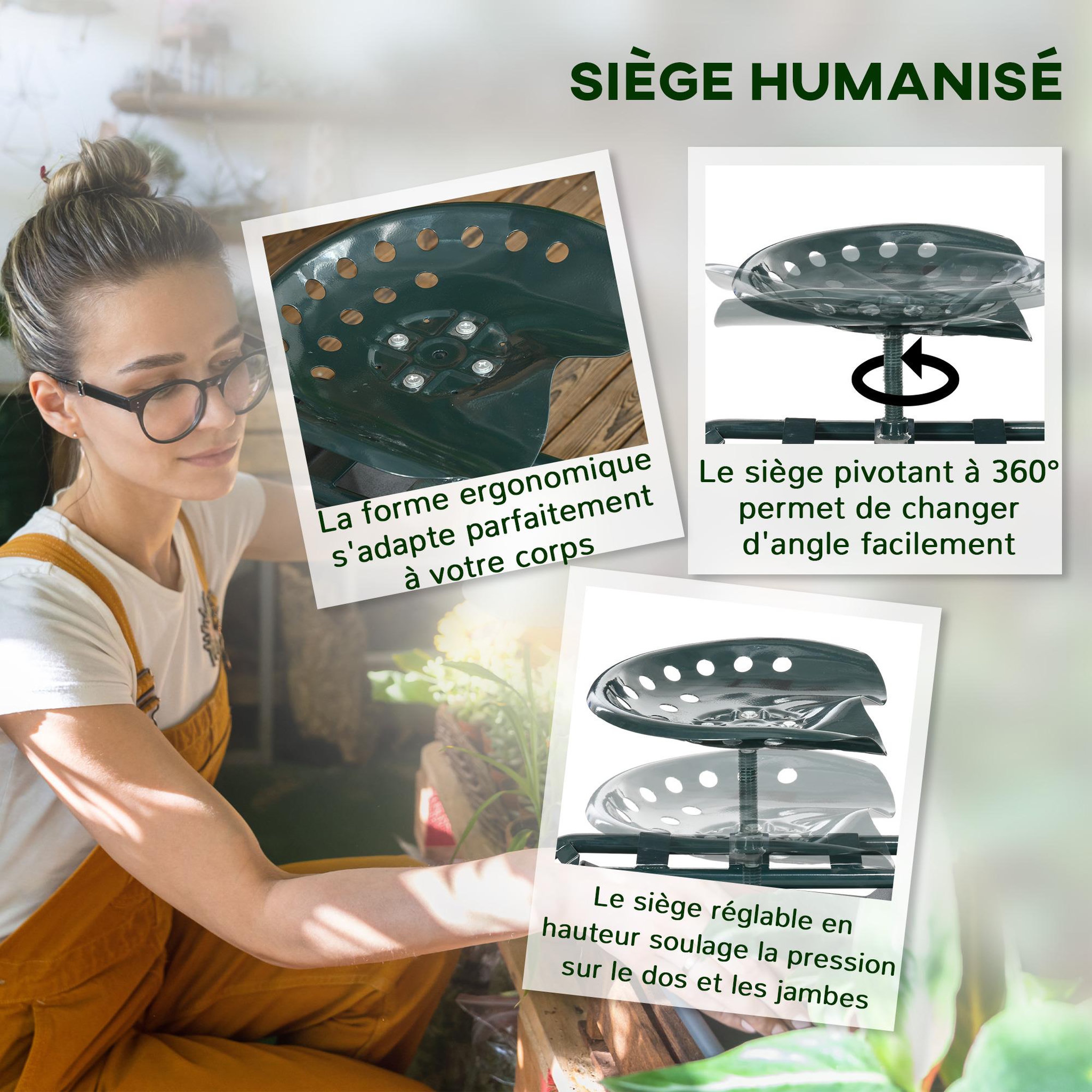 Voir la diapositive 4 : OUTSUNNY 2 en 1 tabouret pivotant réglable chariot mobile de jardin charge max. 150 Kg rangement acier vert