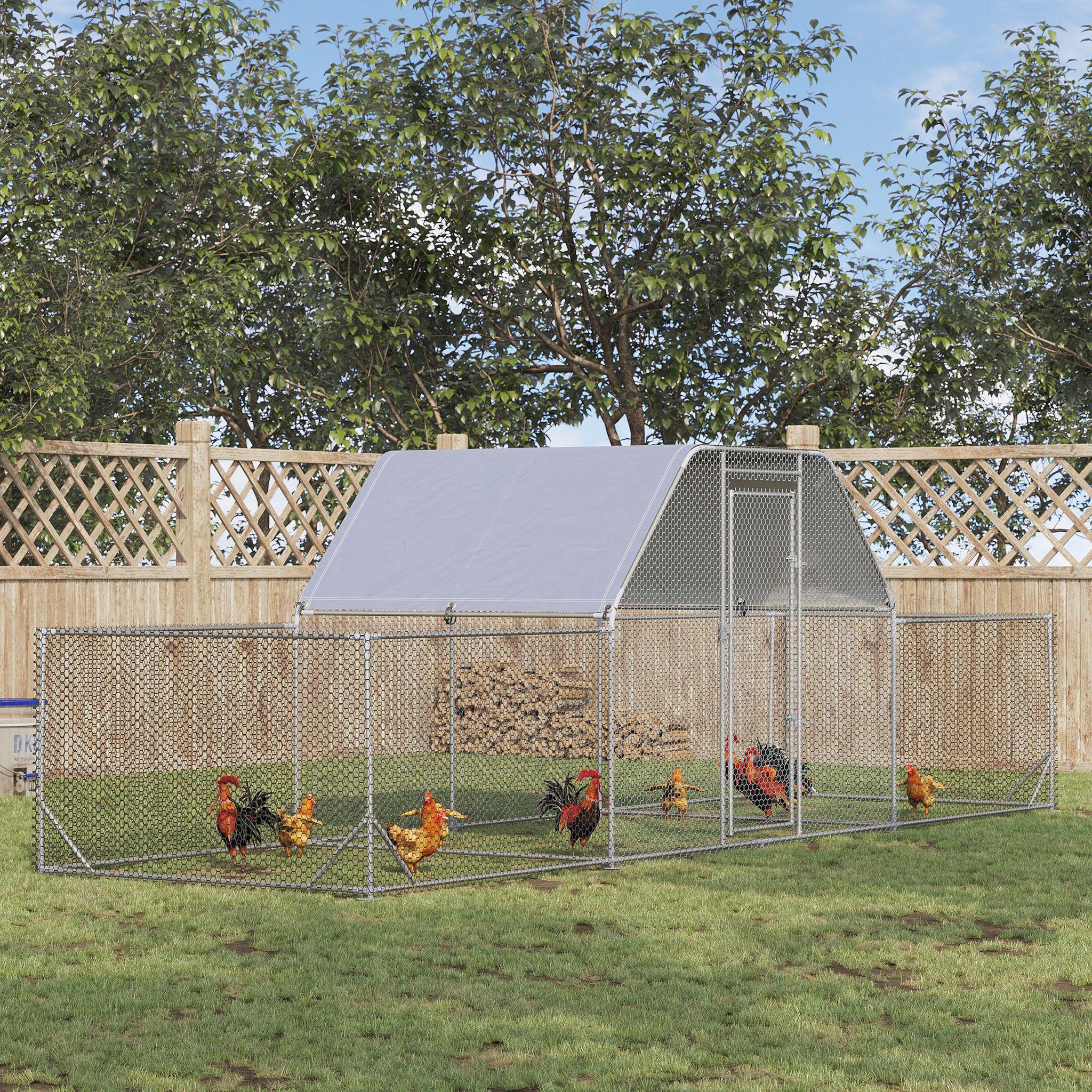 Voir la diapositive 2 : PAWHUT Enclos poulailler chenil 12,54 m² - parc grillagé dim 6,6L x 1,9l x 1,95H m - espace couvert - acier galvanisé