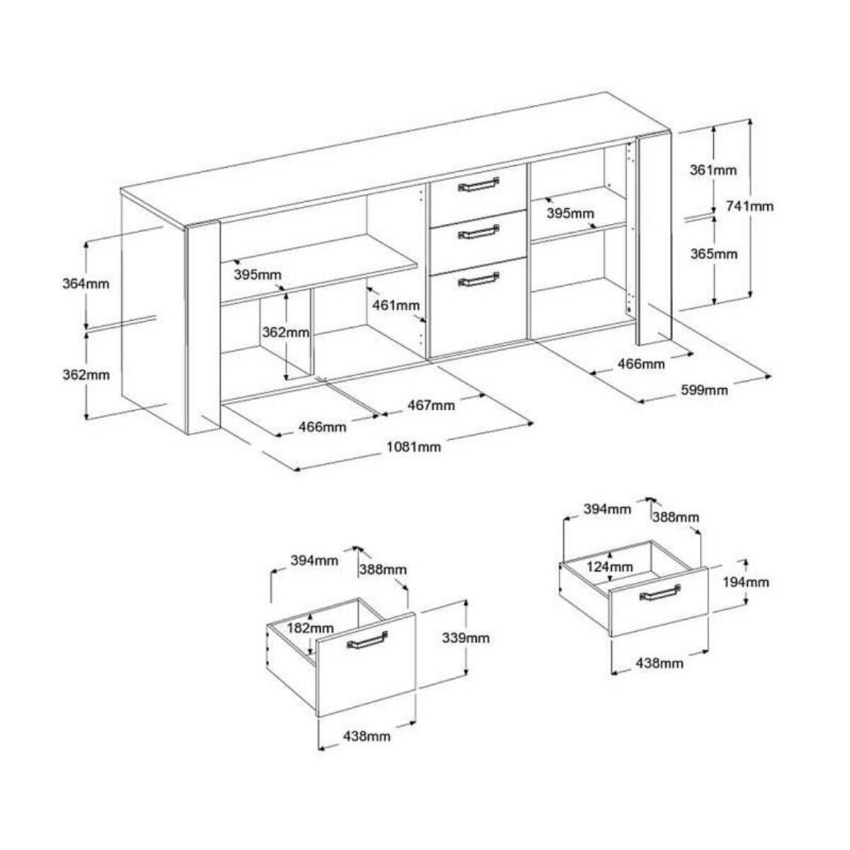 PARISOT Ensemble enfilade + table LOFT - Mélaminé décor chene artisan et gris - Table rectangulaire 8 personnes-Enfilade 3 portes - P