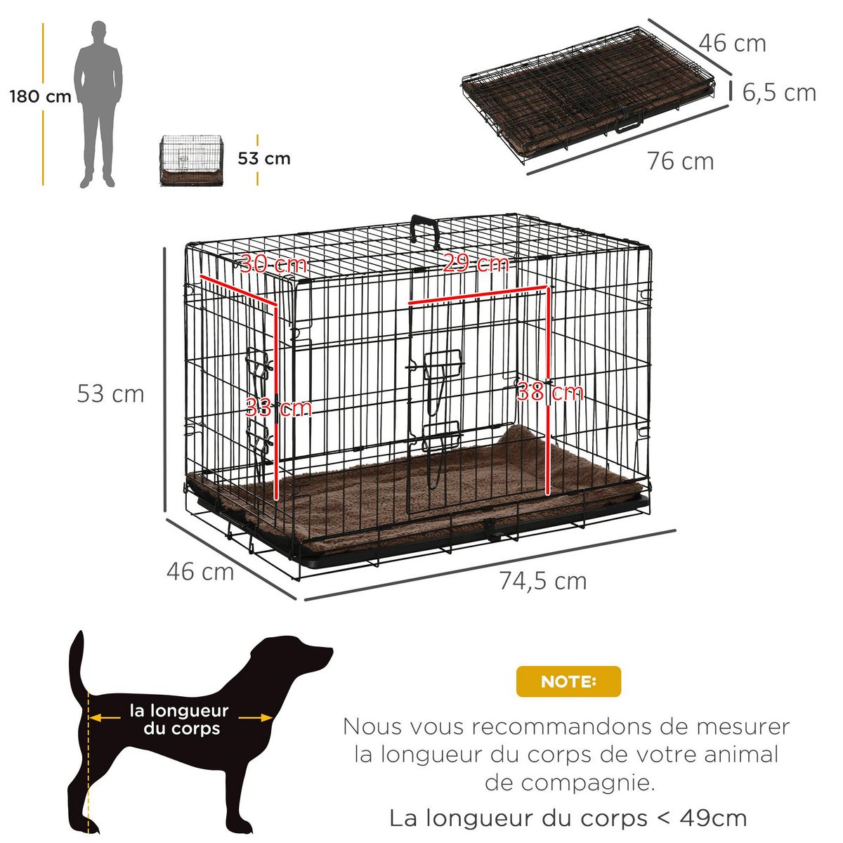 PAWHUT Cage de transport pliante pour chien poignée, plateau amovible, coussin fourni 76 x 53 x 57 cm noir