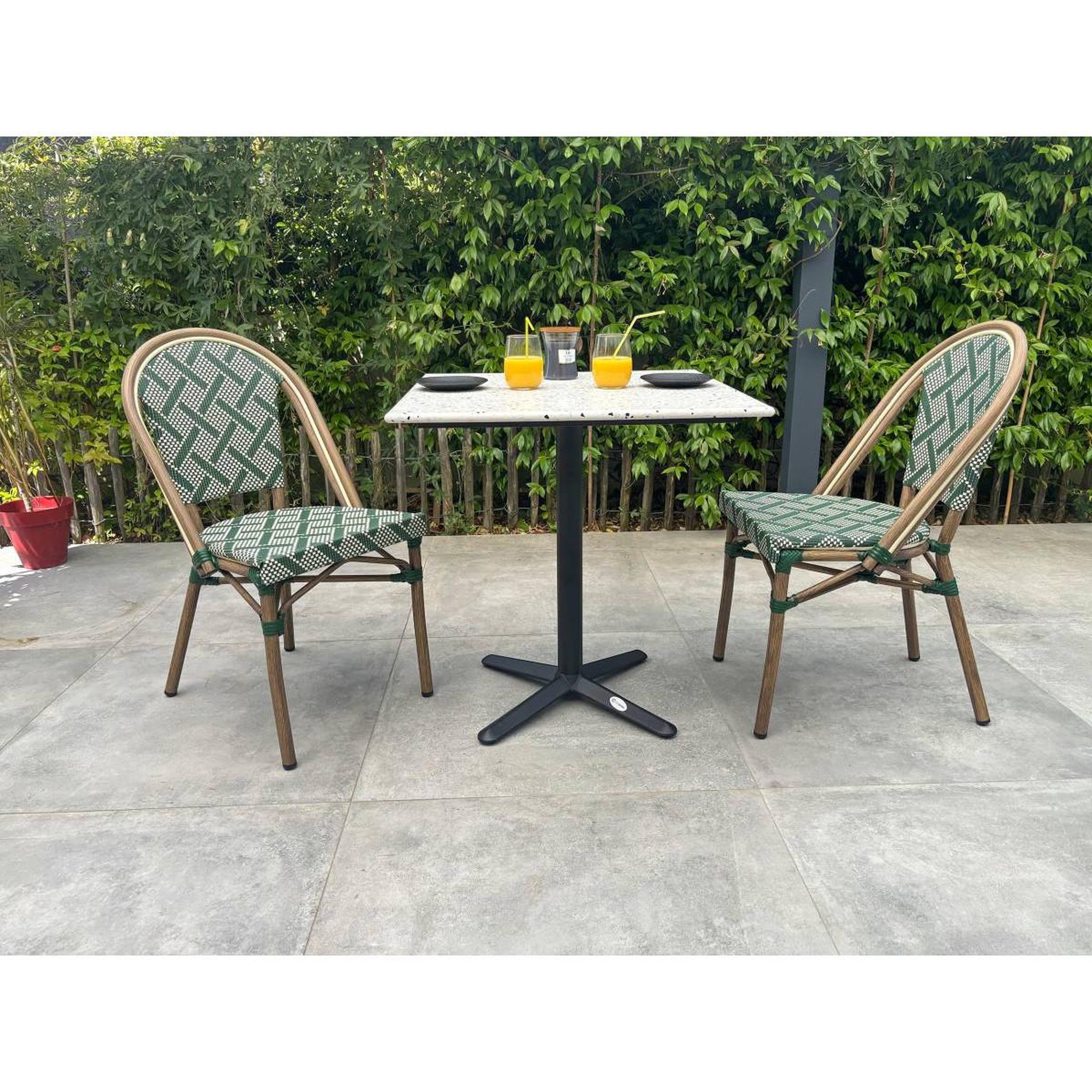 Voir la diapositive 4 : Paris Prix Ensemble table de jardin en terrazzo & 2 chaises  bistro  70cm vert