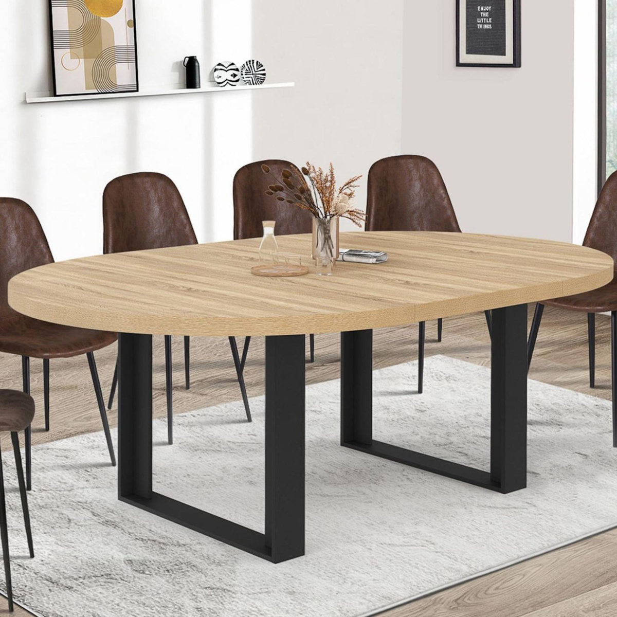 ID MARKET Table à manger extensible ronde PHOENIX 6-10 personnes bois et noir 140-200 cm