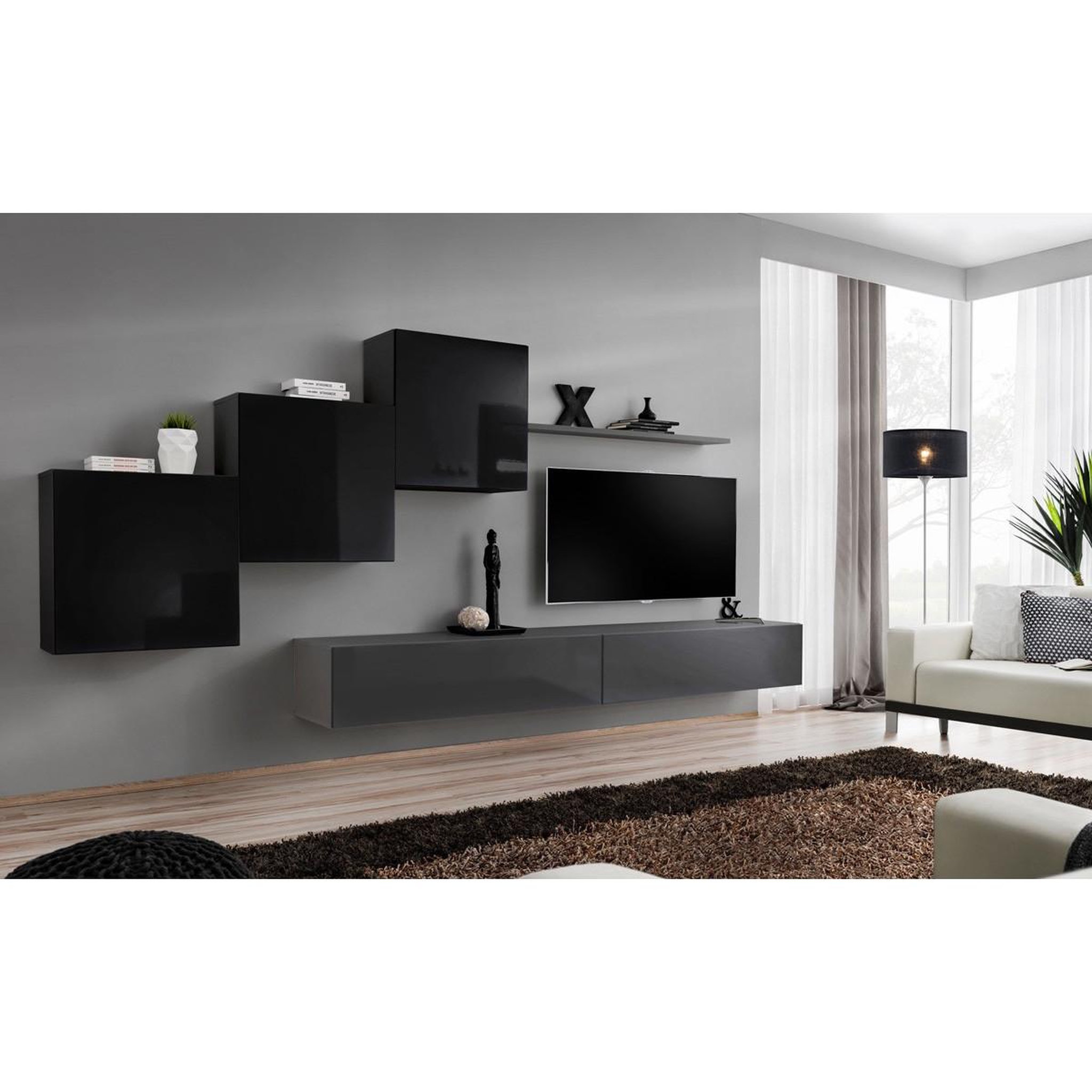 Voir la diapositive 2 : Paris Prix Meuble tv mural design  switch x  330cm noir & gris