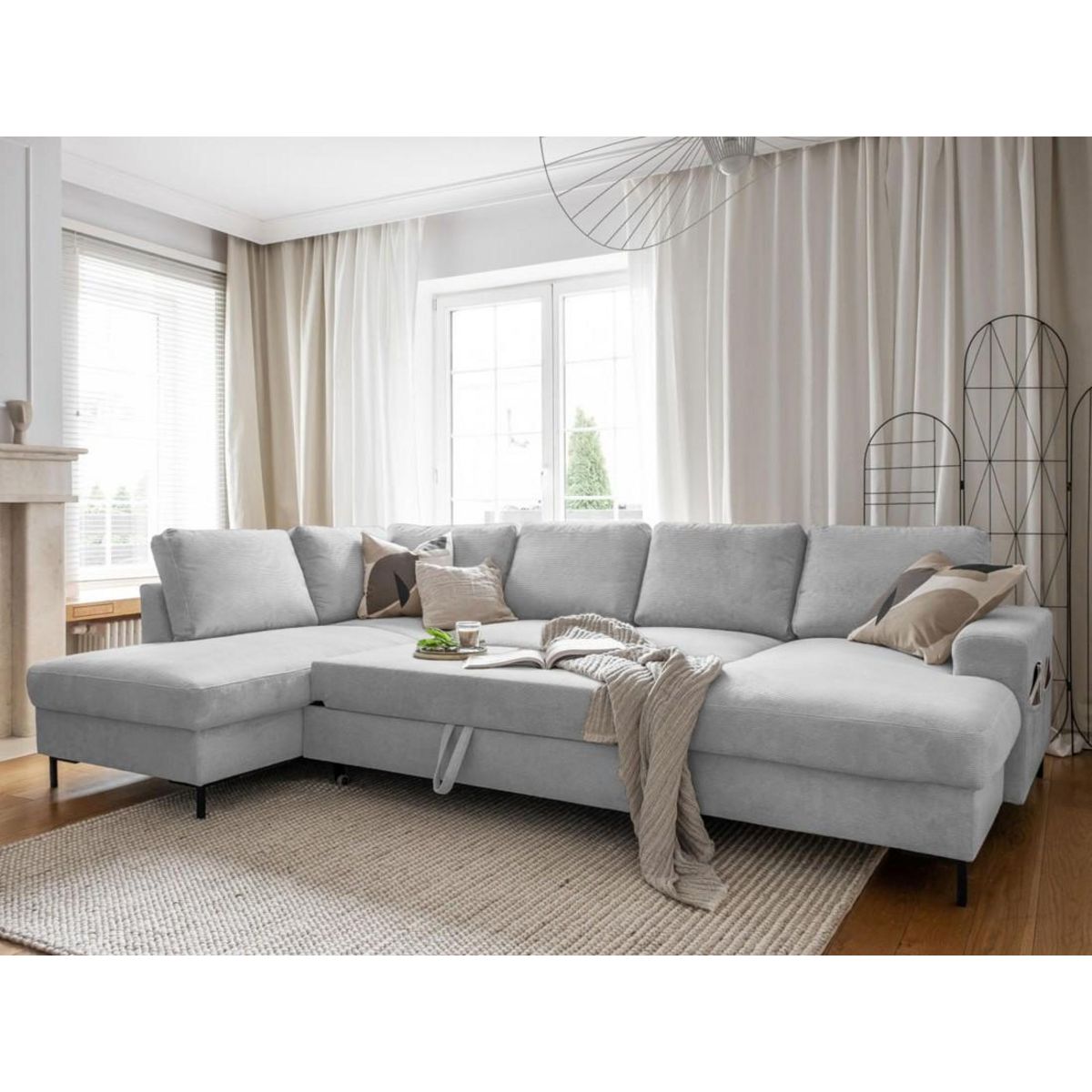 BEST MOBILIER Lilly - canapé panoramique d'angle gauche - 7 places - convertible avec coffre - en velours côtelé