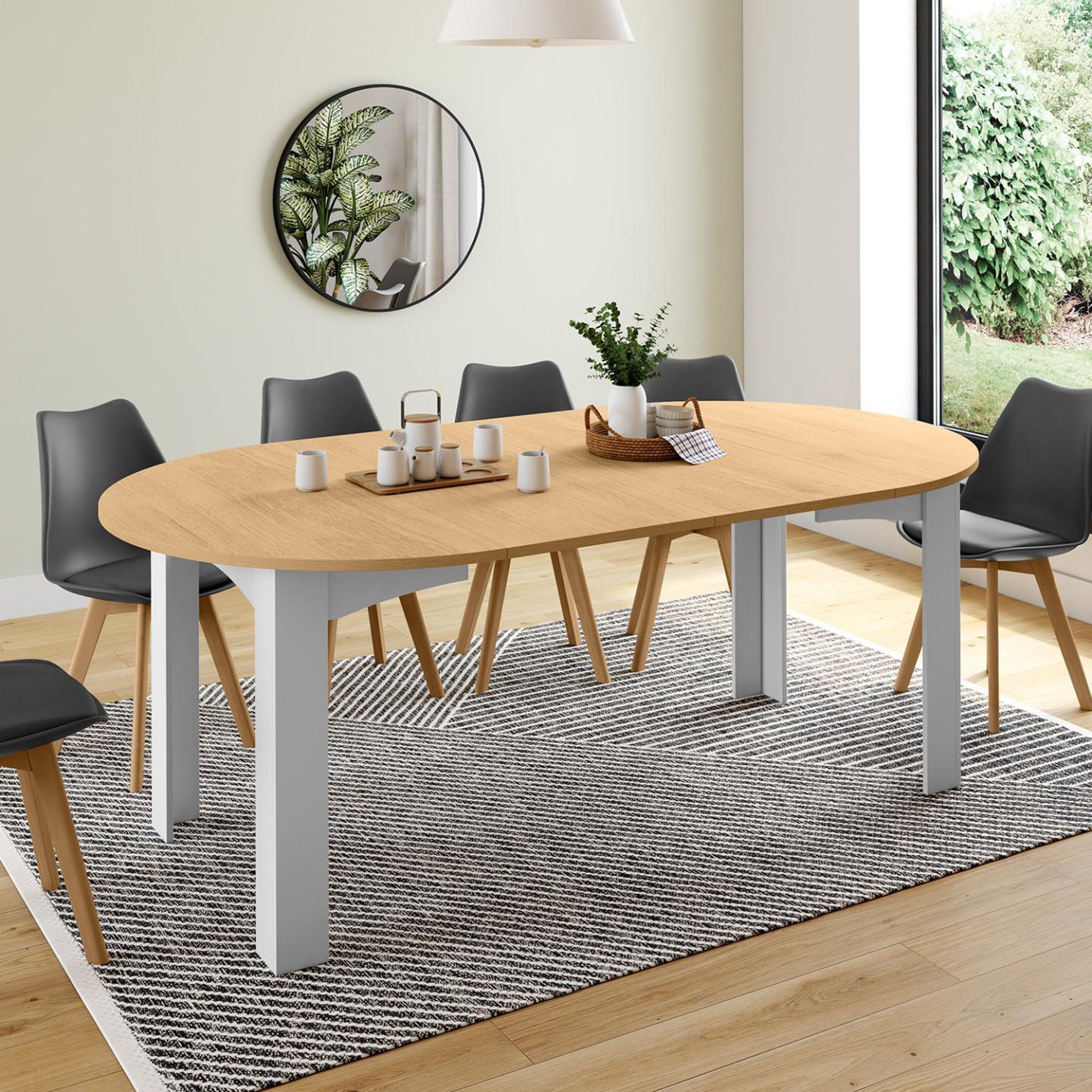 Voir la diapositive 2 : ID MARKET Table à manger extensible ronde dona 4-10 personnes blanche plateau façon hêtre 110-200 cm