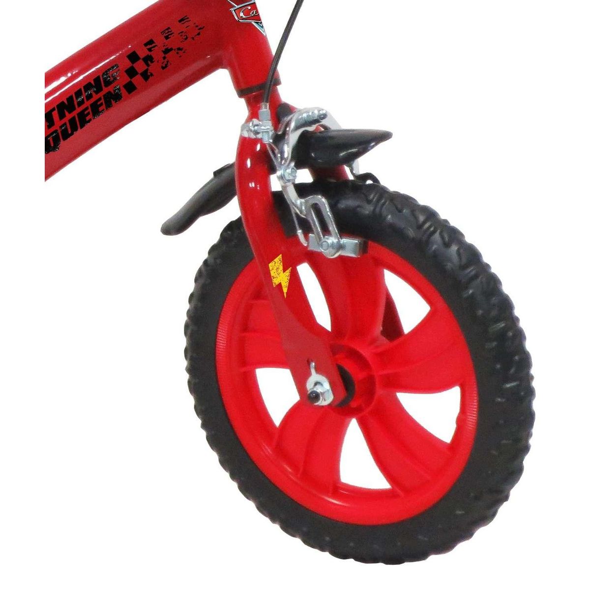 Disney Cars Vélo enfant - Modèle 12'' Cars pour enfant de 85/100 cm avec stabilisateurs - Plaque décorative avant - Porte bidon - 1 frein et roues batons