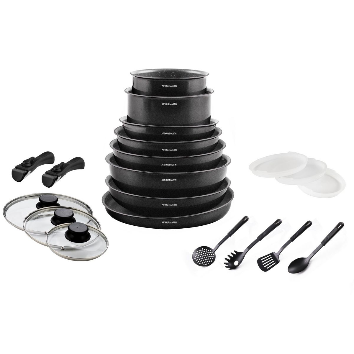 Arthur Martin Batterie de cuisine 20 pièces induction amovible en aluminium Noir mat