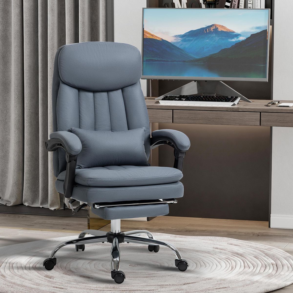 VINSETTO Fauteuil de bureau direction massant chauffant inclinable réglable repose-pied intégré tissu technique bleu