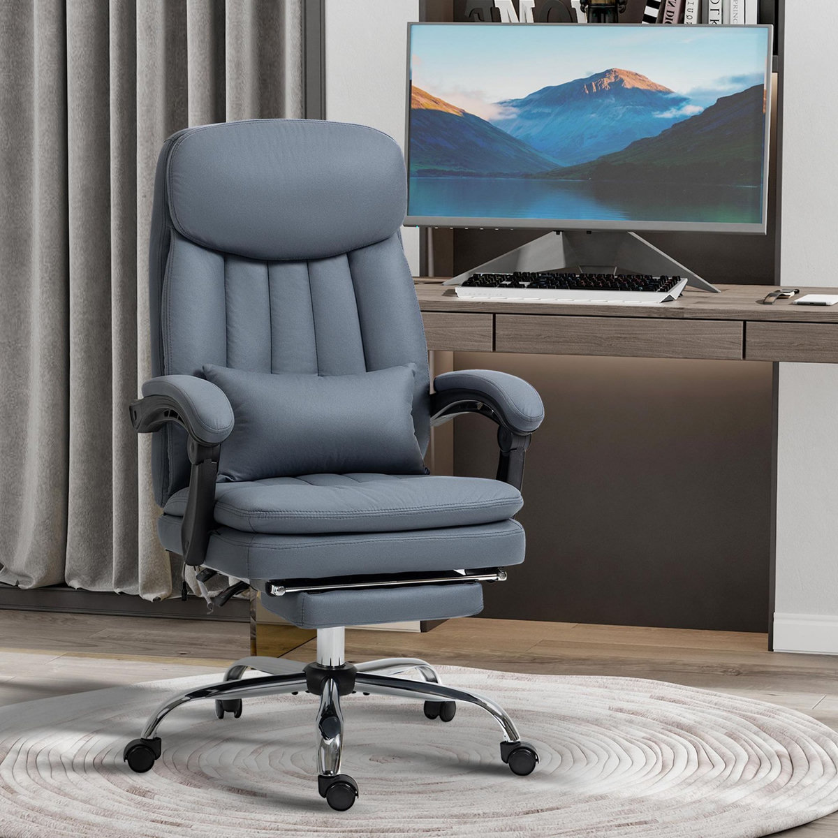 VINSETTO Fauteuil de bureau direction massant chauffant inclinable réglable repose-pied intégré tissu technique bleu