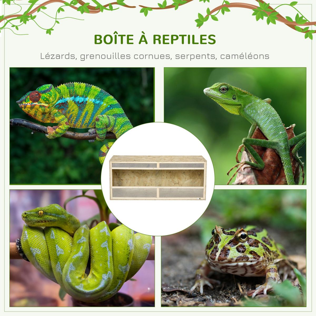 PAWHUT Terrarium - vivarium reptiles & batraciens - 2 portes coulissantes verre trempé - parois frontales maillées - OSB métal
