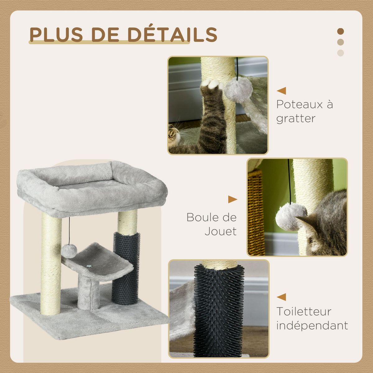 PAWHUT Arbre à chat griffoirs sisal naturel et massant plateforme panier jeu boule suspendue peluche gris
