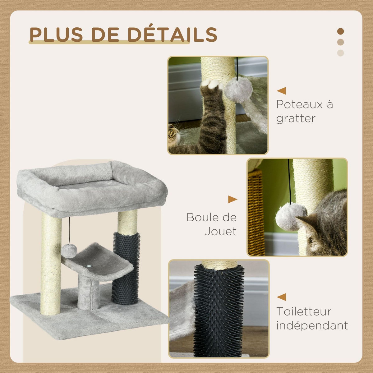 PAWHUT Arbre à chat griffoirs sisal naturel et massant plateforme panier jeu boule suspendue peluche gris