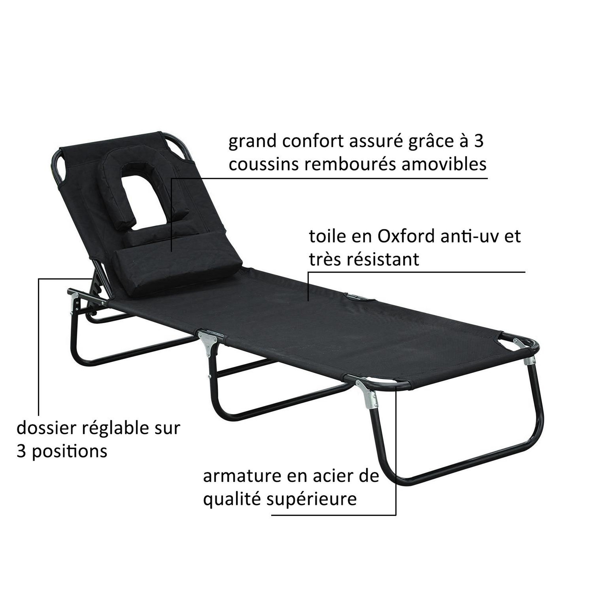 Voir la diapositive 4 : HOMCOM Transat de jardin chaise longue pliante bain de soleil pour lecture noir