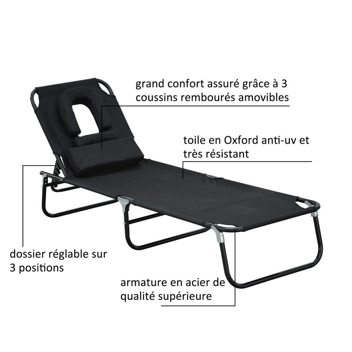 HOMCOM Transat de jardin chaise longue pliante bain de soleil pour lecture noir