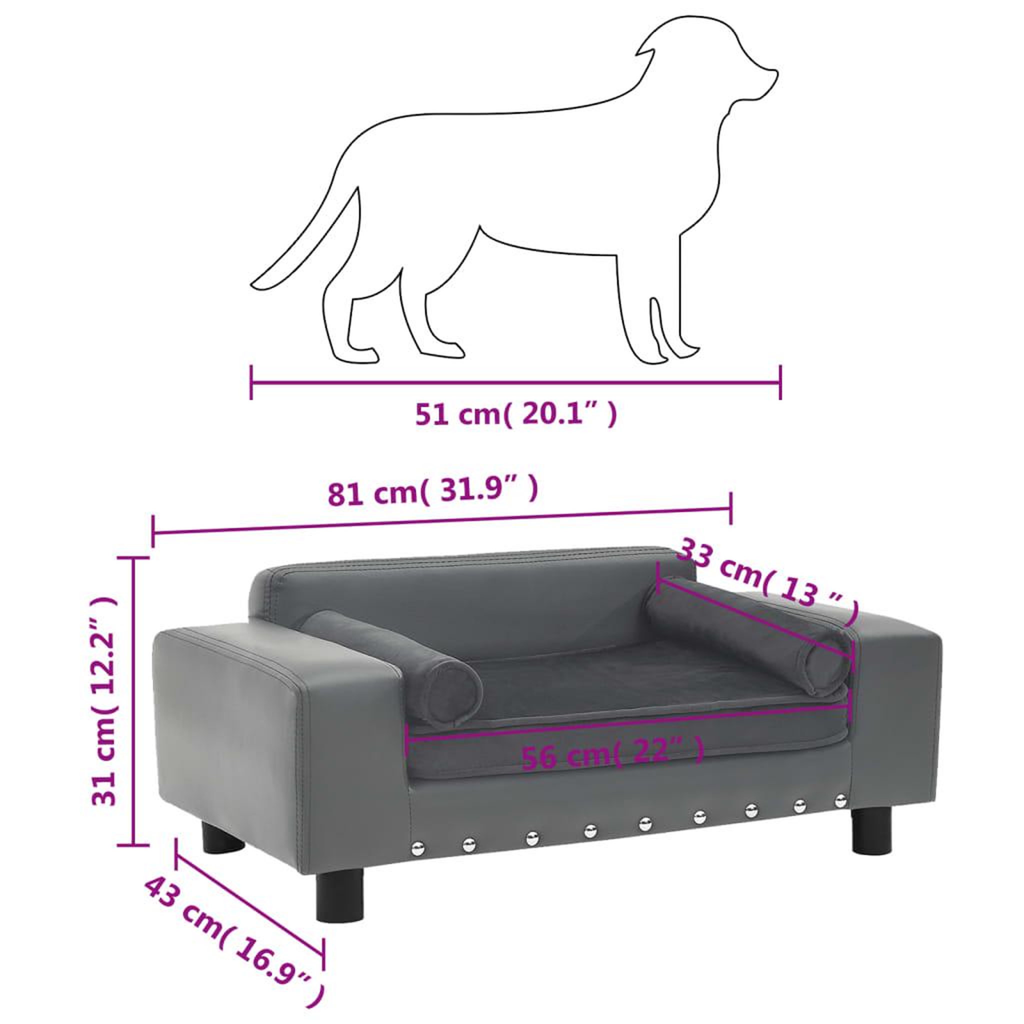 Voir la diapositive 6 : VIDAXL Canape pour chien Gris 81x43x31 cm Peluche et similicuir