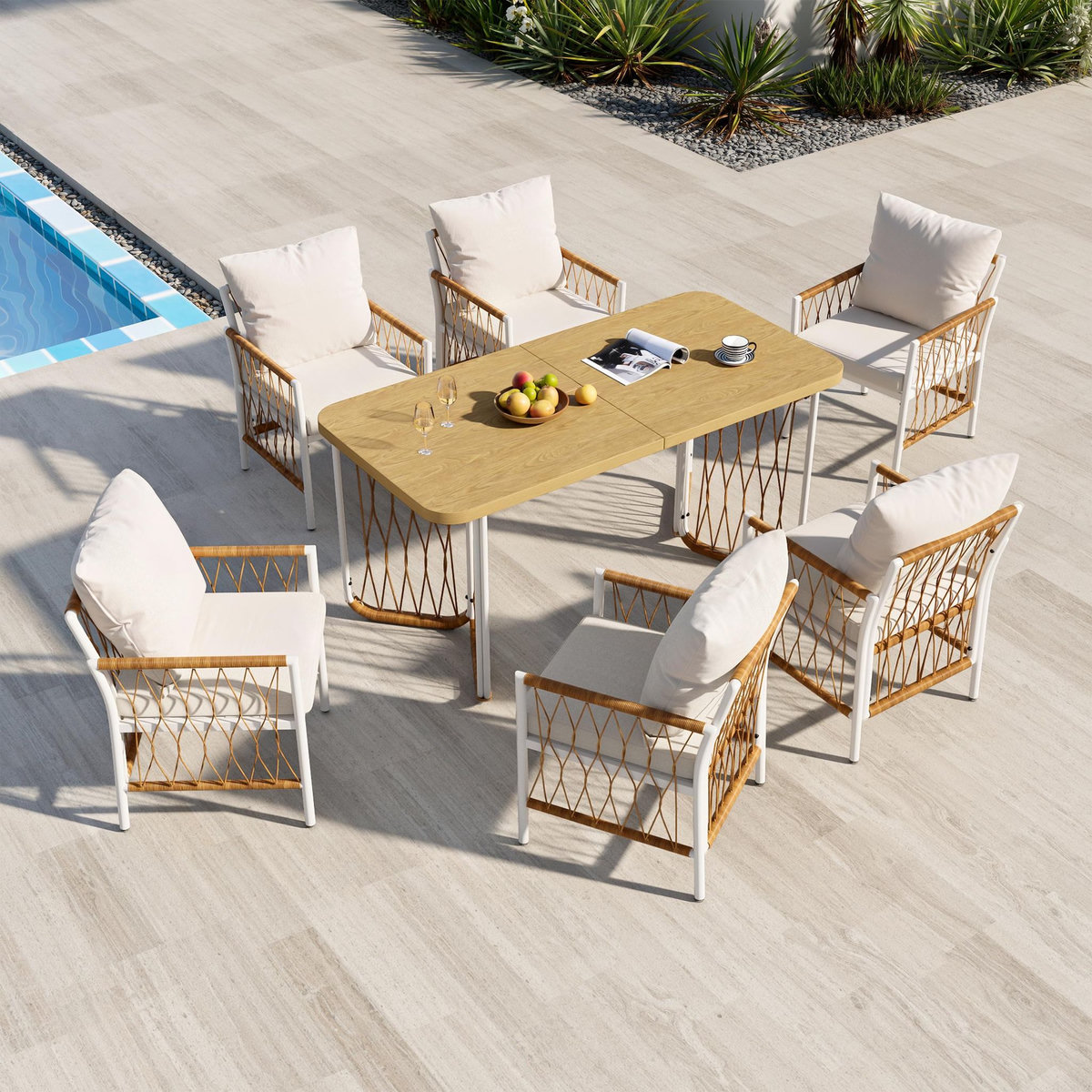 MERAX Salon de jardin 6 places en fer avec 1 table, 6 chaises et coussins, blanc bois