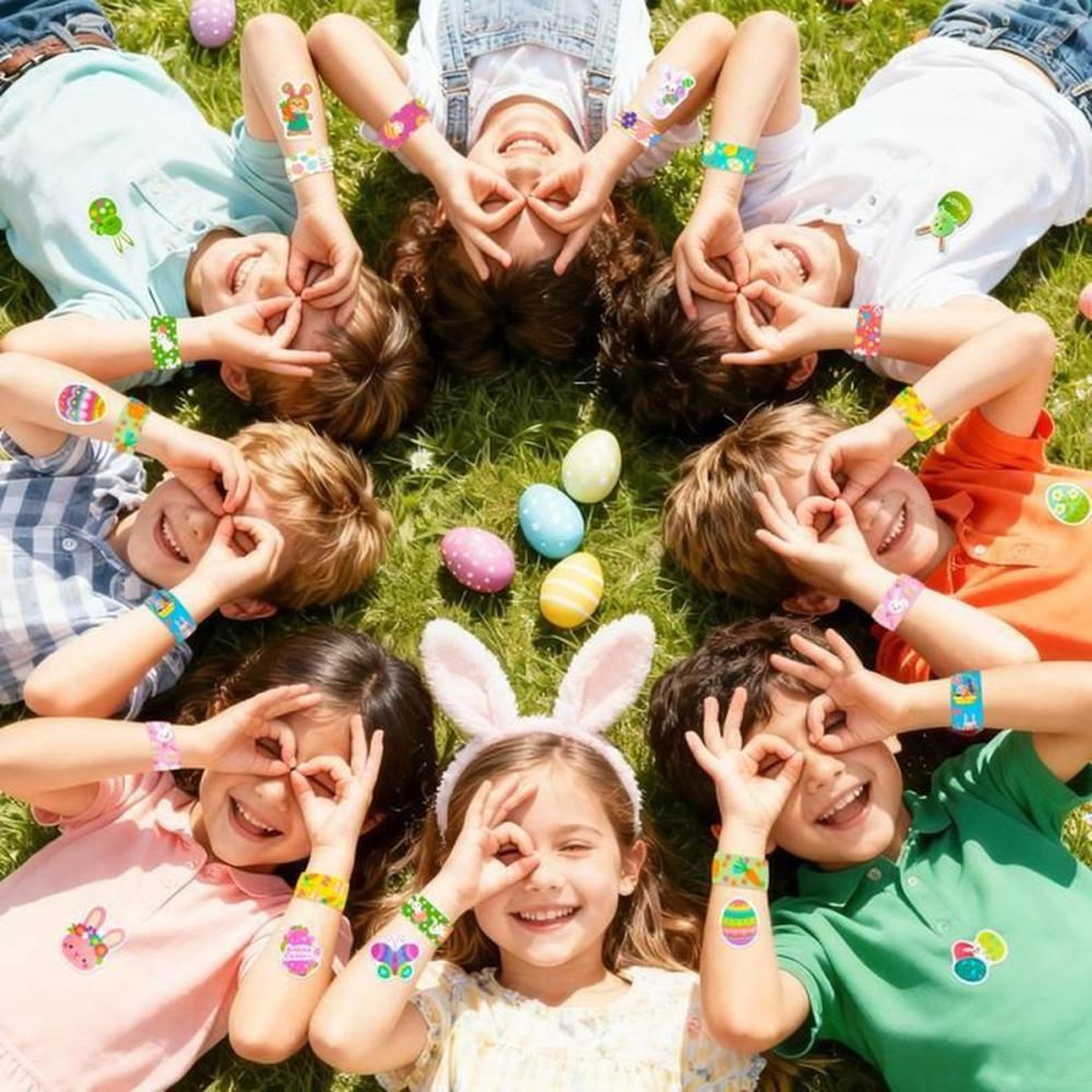 Voir la diapositive 6 : Set de stickers de Pâques multicolores pour enfants, motifs variés œufs lapins paniers fleurs, autocollants et bandes à claquer, tailles 3 à 22,2 cm