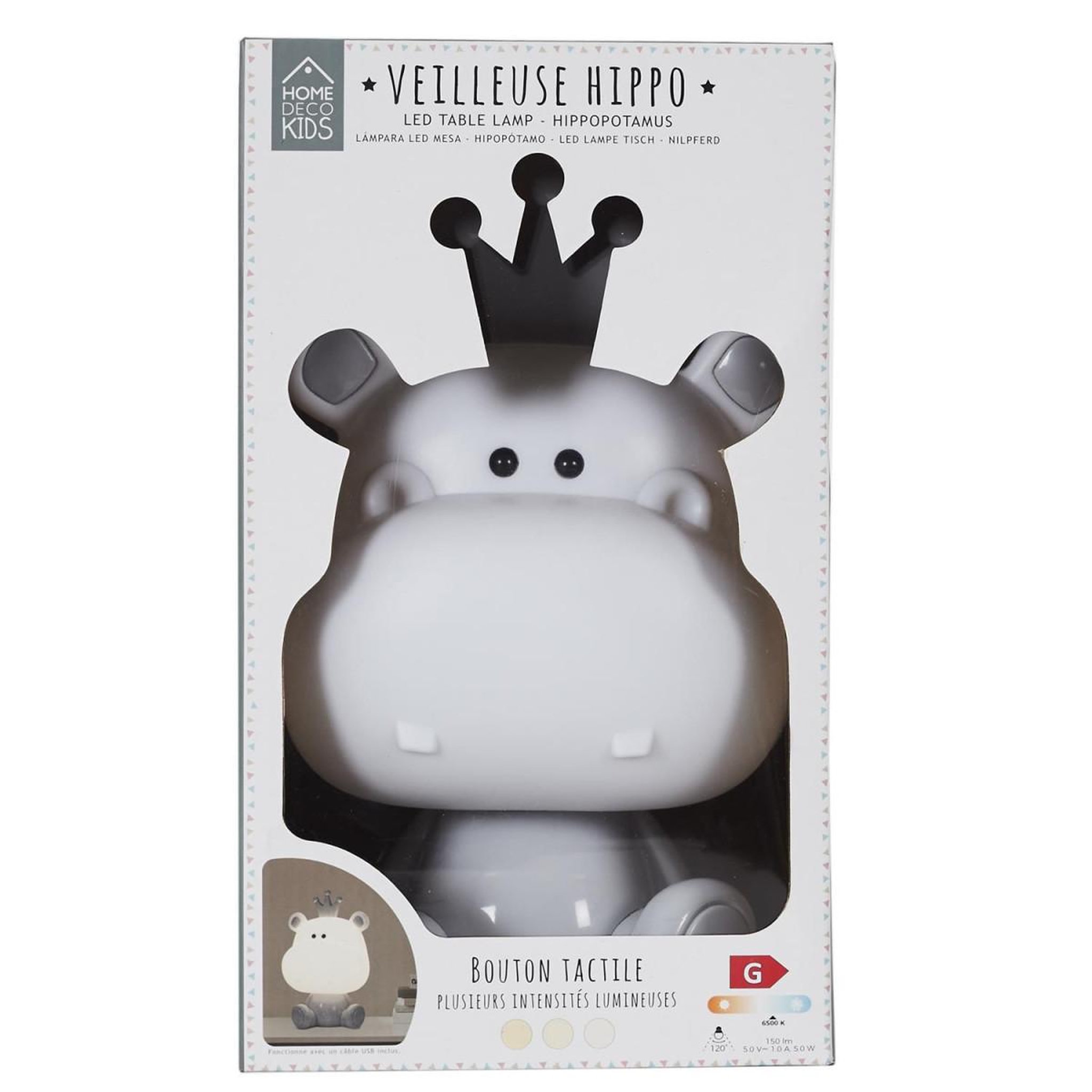 Voir la diapositive 4 : HOME DECO KIDS Lampe veilleuse  hippopotame  25cm blanc & gris
