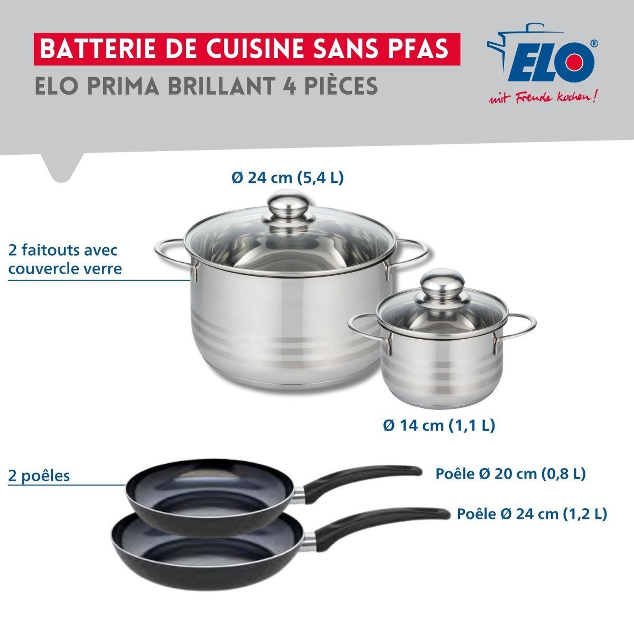 Voir la diapositive 2 : ELO Ensemble de 2 poêles de cuisson 20 et 24 cm et 2 faitouts 14 et 24 cm elo prima brillant