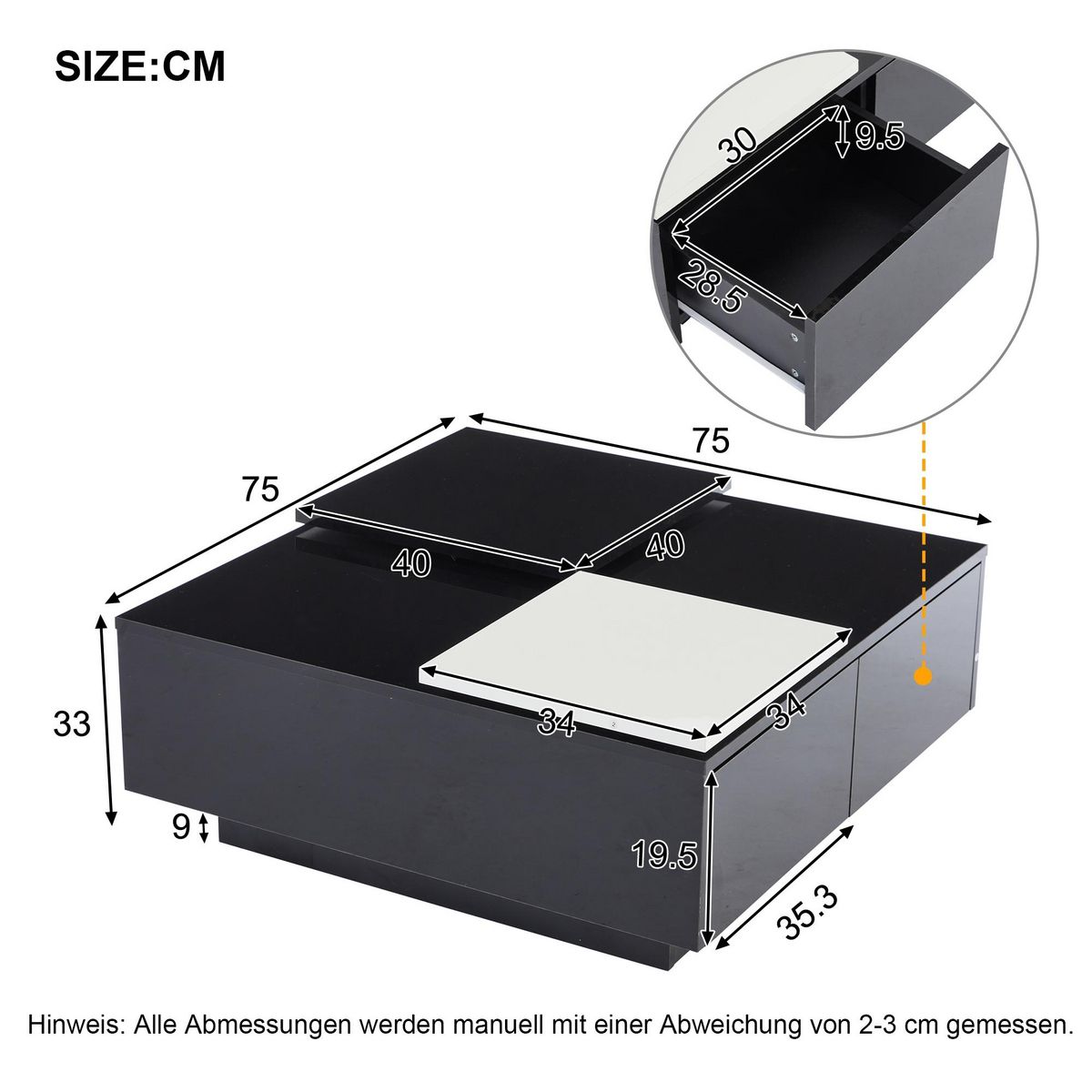 MERAX Table Basse Carrée Avec 4 Tiroirs Et 2 Plateaux Coulissants Noir