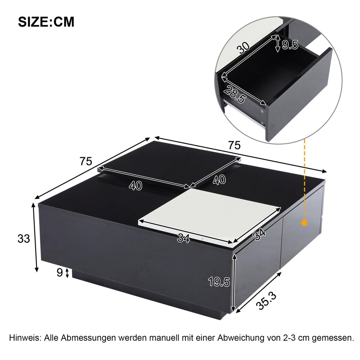 MERAX Table Basse Carrée Avec 4 Tiroirs Et 2 Plateaux Coulissants Noir
