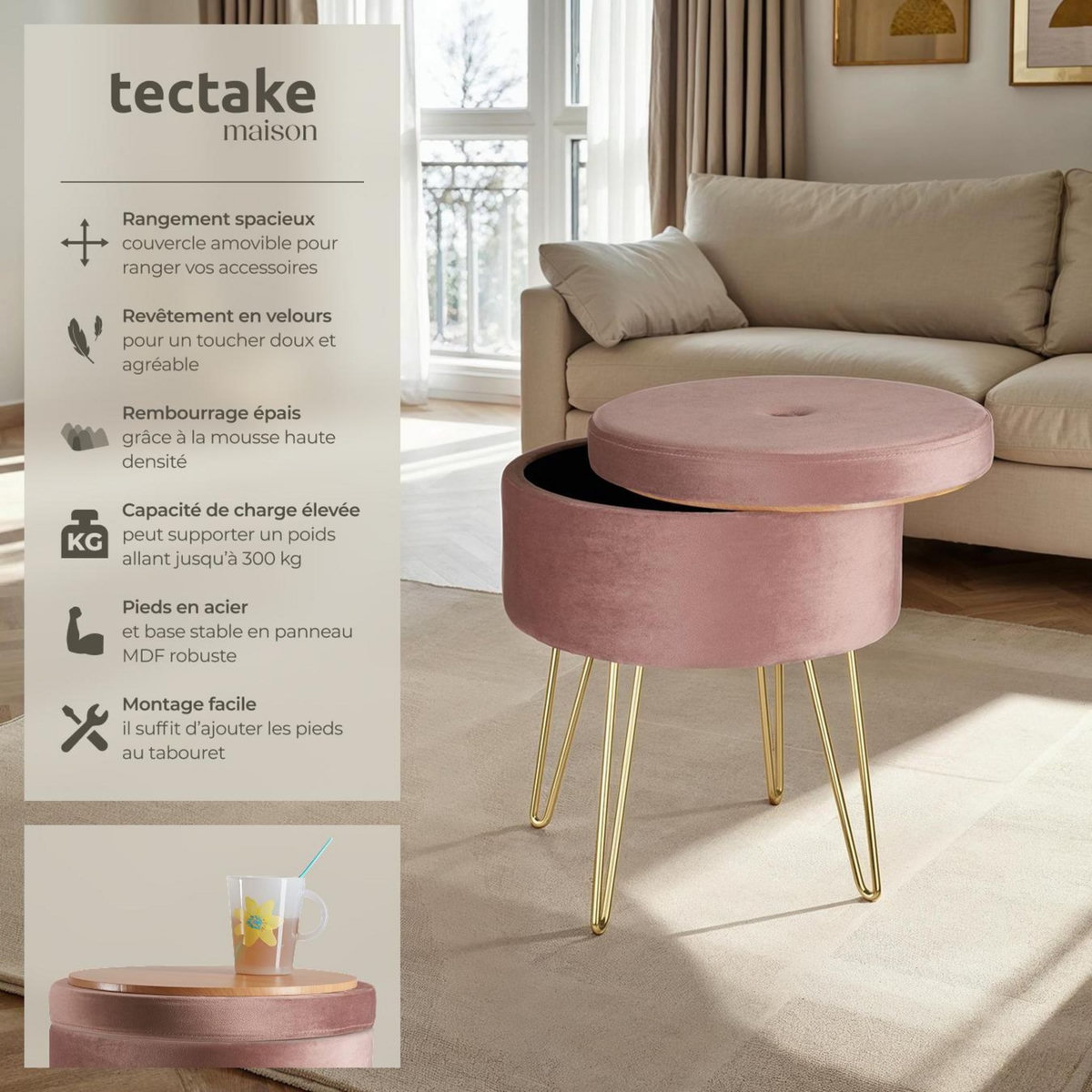 tectake Tabouret avec espace de rangement rond rose