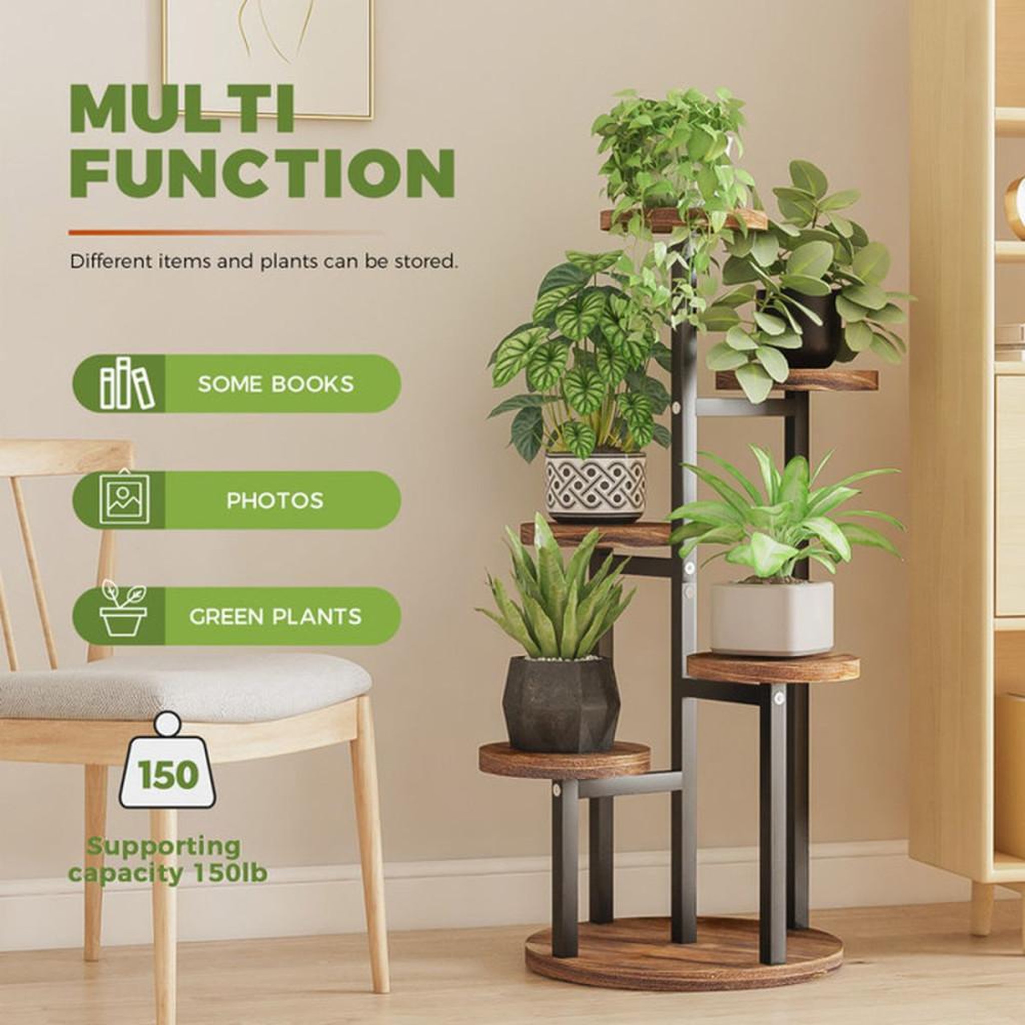 Voir la diapositive 5 : Support plante escalier 5 niveaux bois et métal, finition anti-moisissure jaune/marron