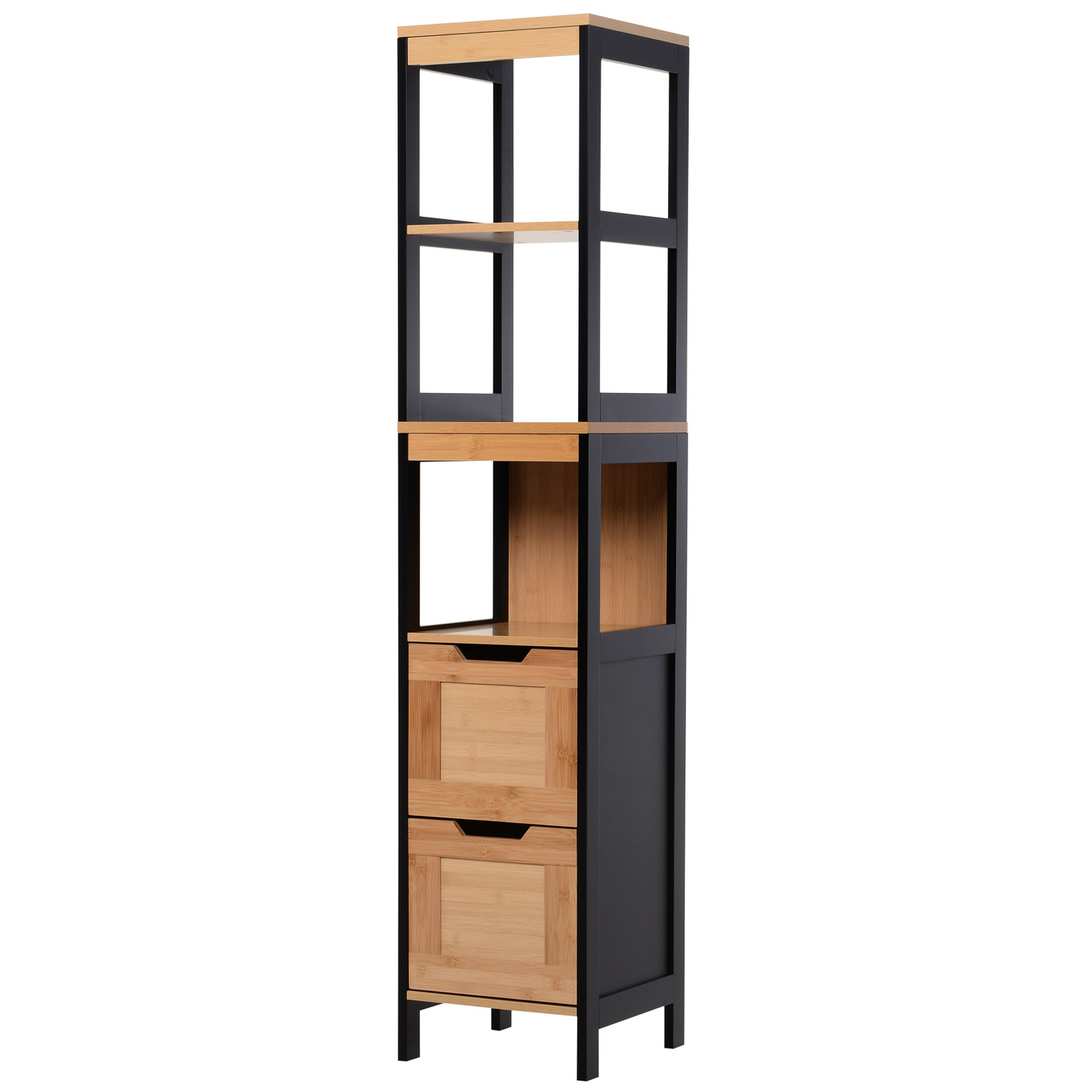 Voir la diapositive 1 : HOMCOM Meuble colonne rangement salle de bain style cosy dim. 30L x 30l x 144H cm 3 étagères 2 tiroirs bambou MDF noir