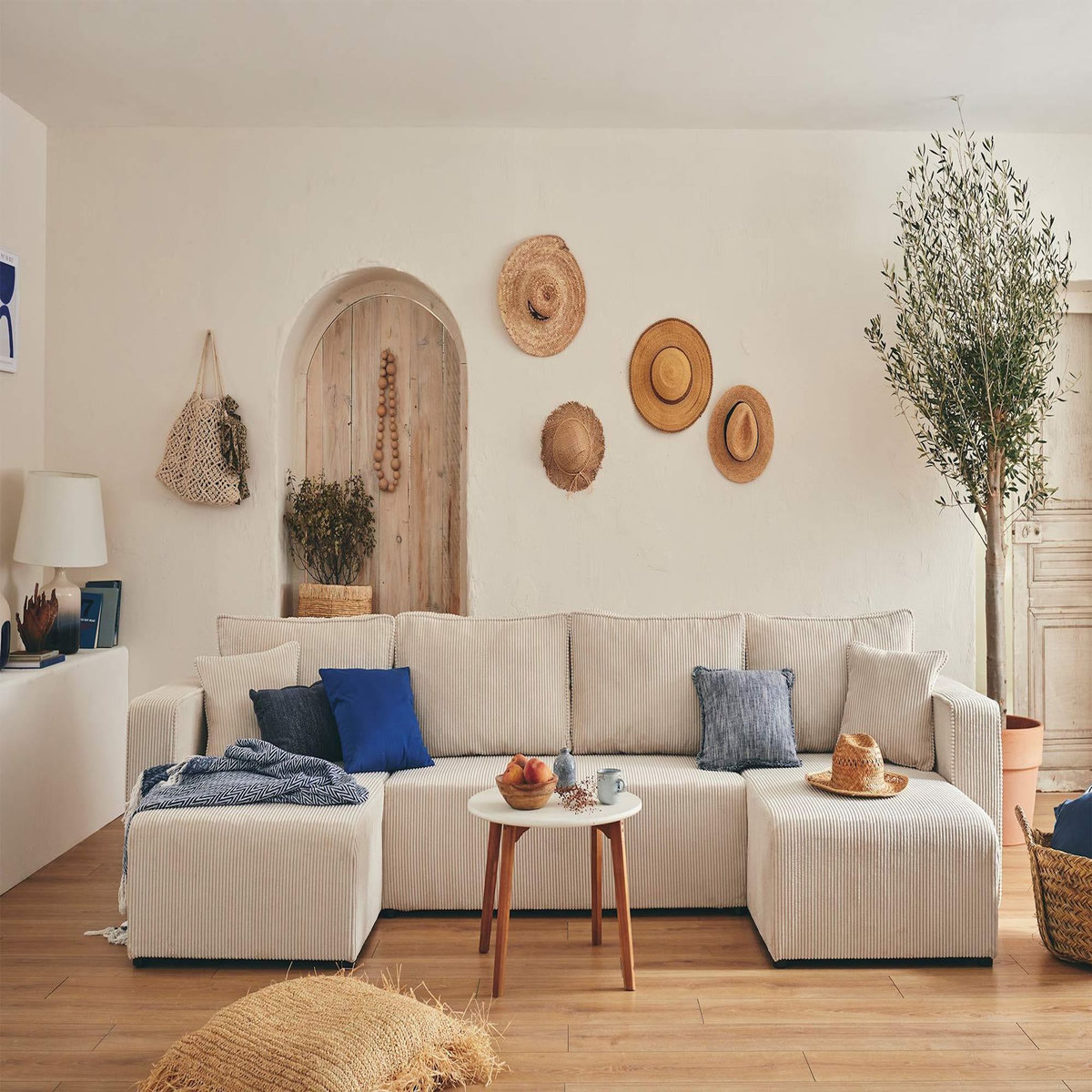 BEST MOBILIER Topaze - canapé panoramique en u - 7 places - convertible avec coffre - en velours côtelé