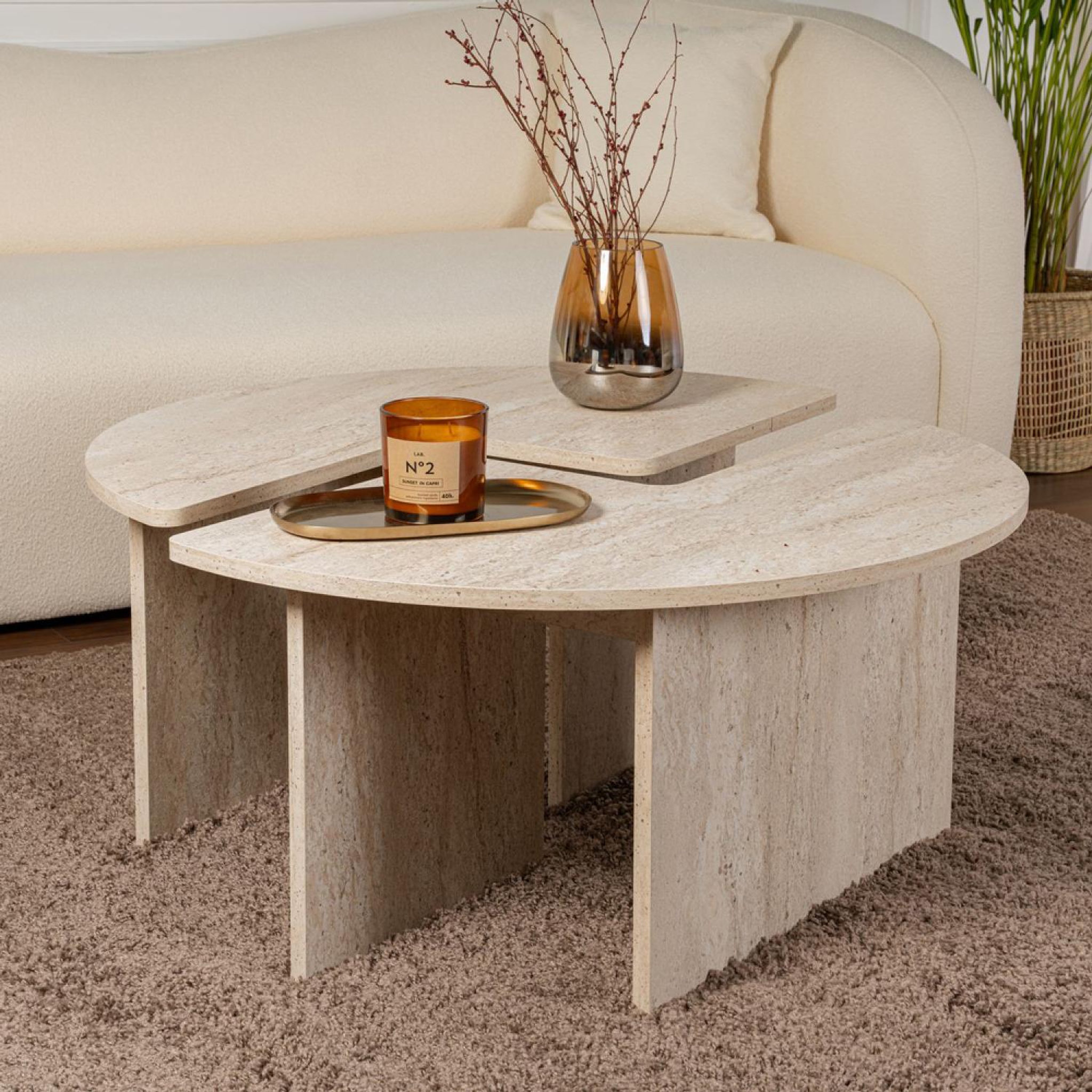 Voir la diapositive 2 : CONCEPT USINE Table basse ronde duo effet travertin 90cm apix
