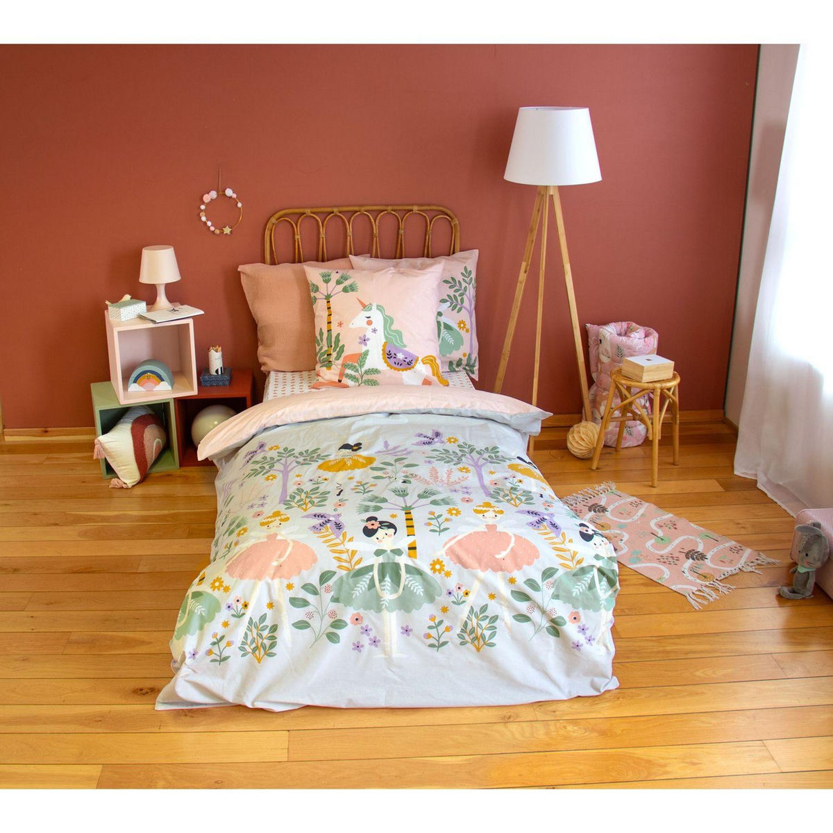 COTE DECO Parure de lit enfant réversible Licorne/danseuse - 100% coton 57 fils/cm² - 140 x 200 cm