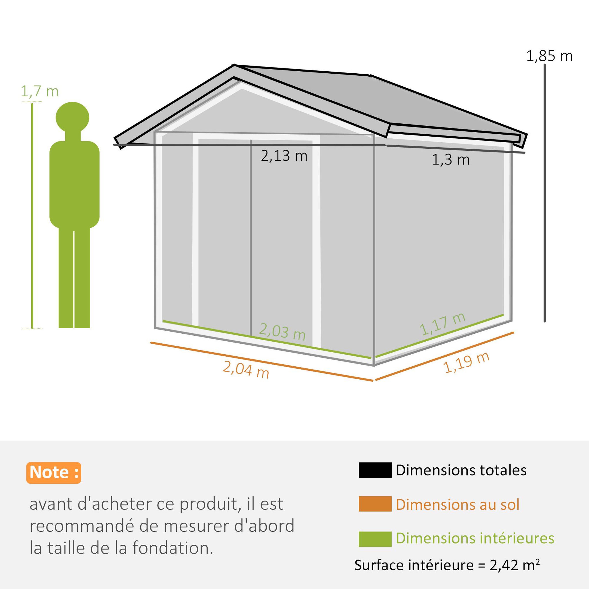 Voir la diapositive 3 : OUTSUNNY Abri de jardin - remise pour outils - cabanon porte verrouillable - dim. 213L x 130l x 185H cm - tôle d'acier café chocolat