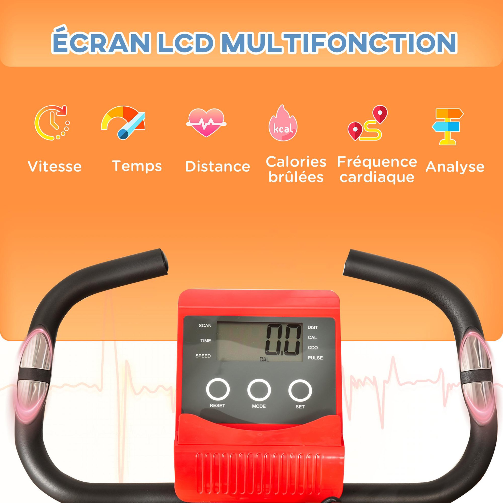 Voir la diapositive 4 : HOMCOM Vélo d'appartement pliant 8 niveaux de résistance magnétique dossier selle réglable poignées ergonomiques écran LCD multifonction suspensions support tablette acier