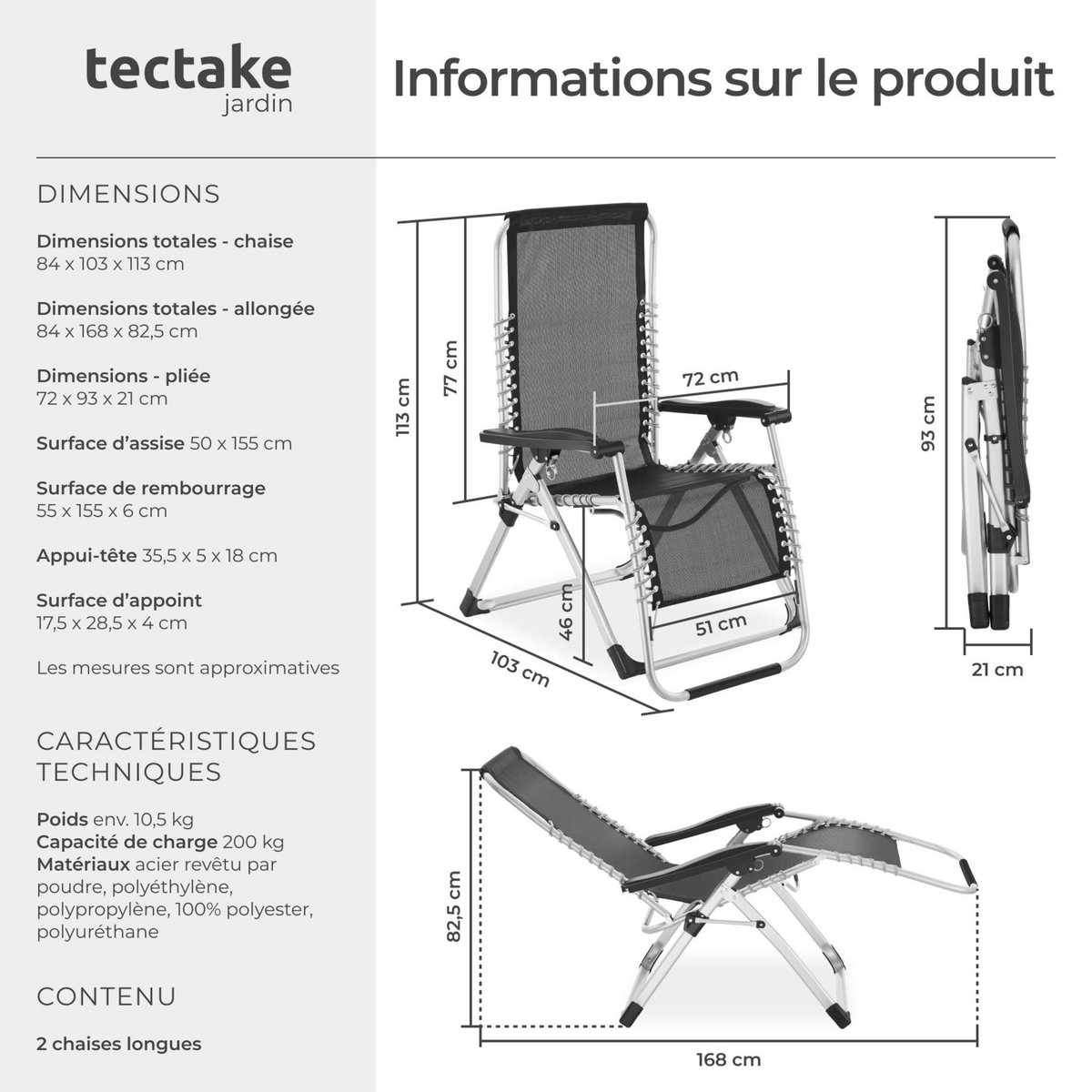 tectake Chaises longues pliable gris clair Set de 2