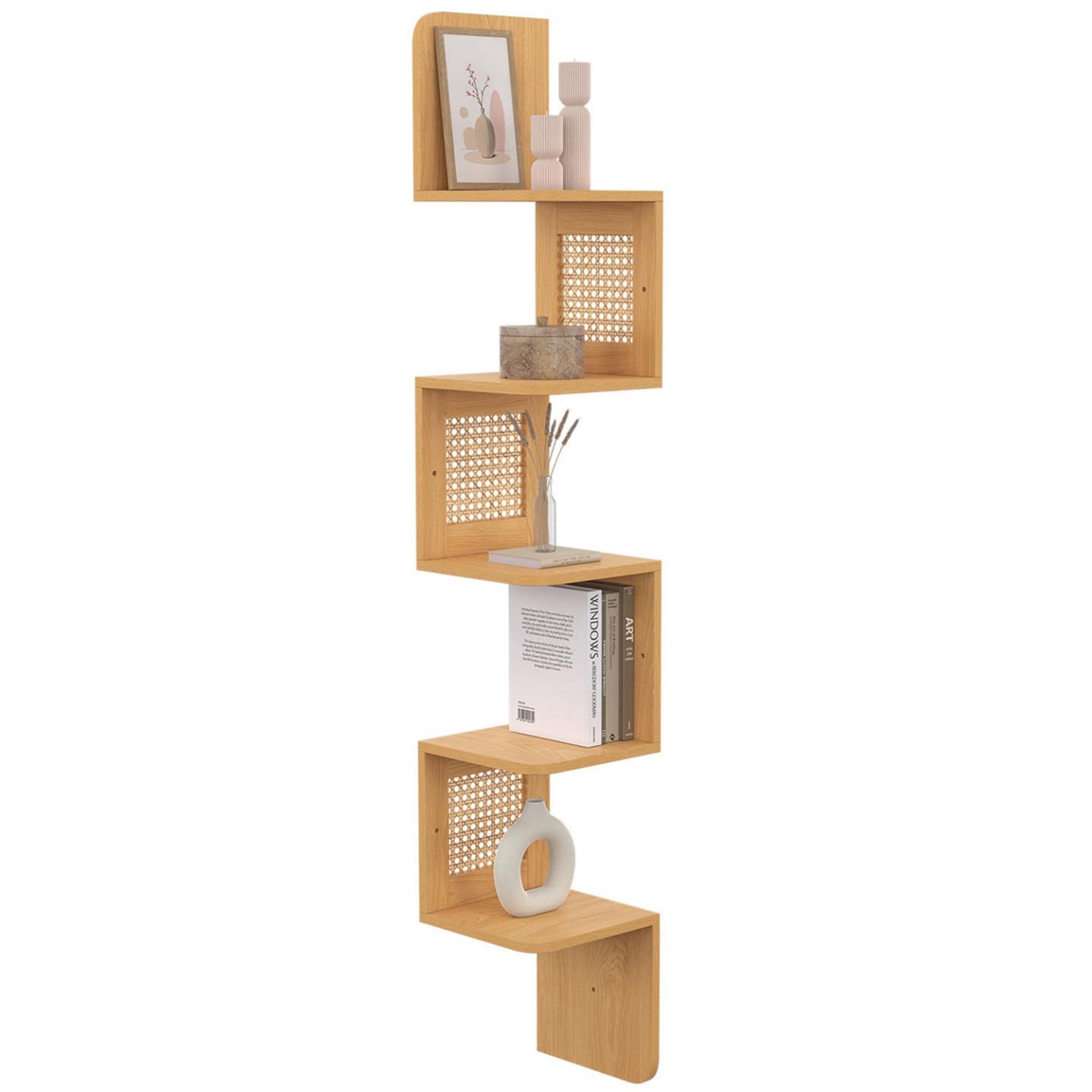 ID MARKET Etagère murale d'angle edhen 5 niveaux bois et cannage
