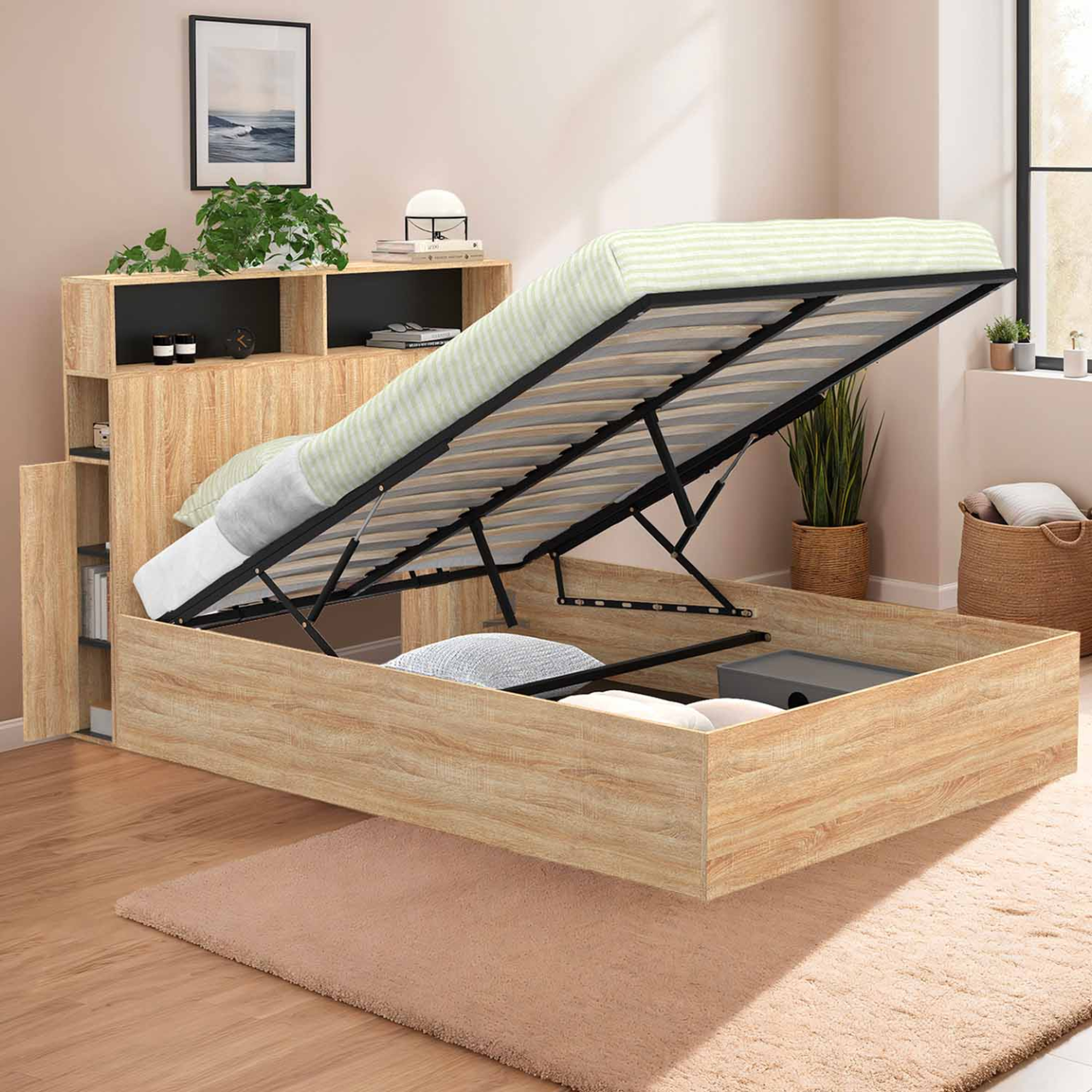 Voir la diapositive 2 : ID MARKET Lit coffre double clyde avec tête de lit + rangements et sommier 140 x 190 cm façon hêtre et noir