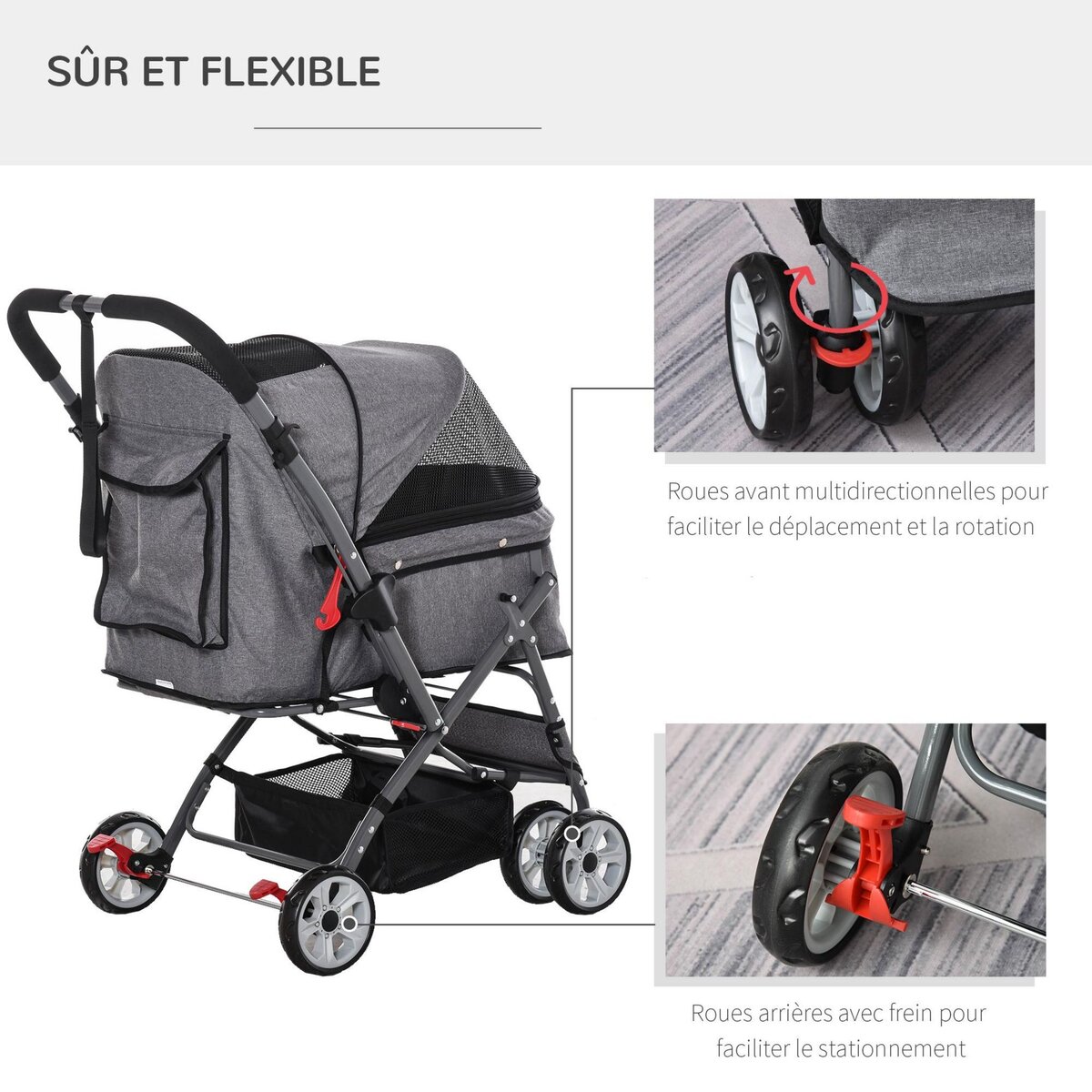 PAWHUT Poussette buggy pliable chien chat panier et sac de rangement attaches sécurité housse réglable poignée réversible acier Oxford gris chiné noir