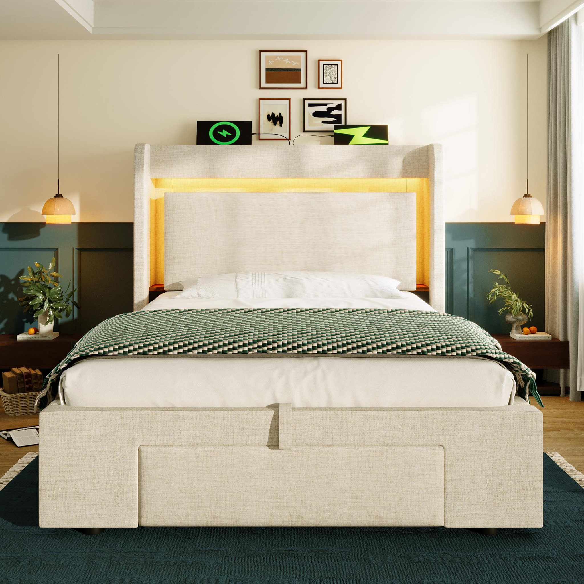 Voir la diapositive 4 : MERAX Lit coffre 90x200 cm en lin avec tête de lit rangement led usb usb-c et sommier à lattes