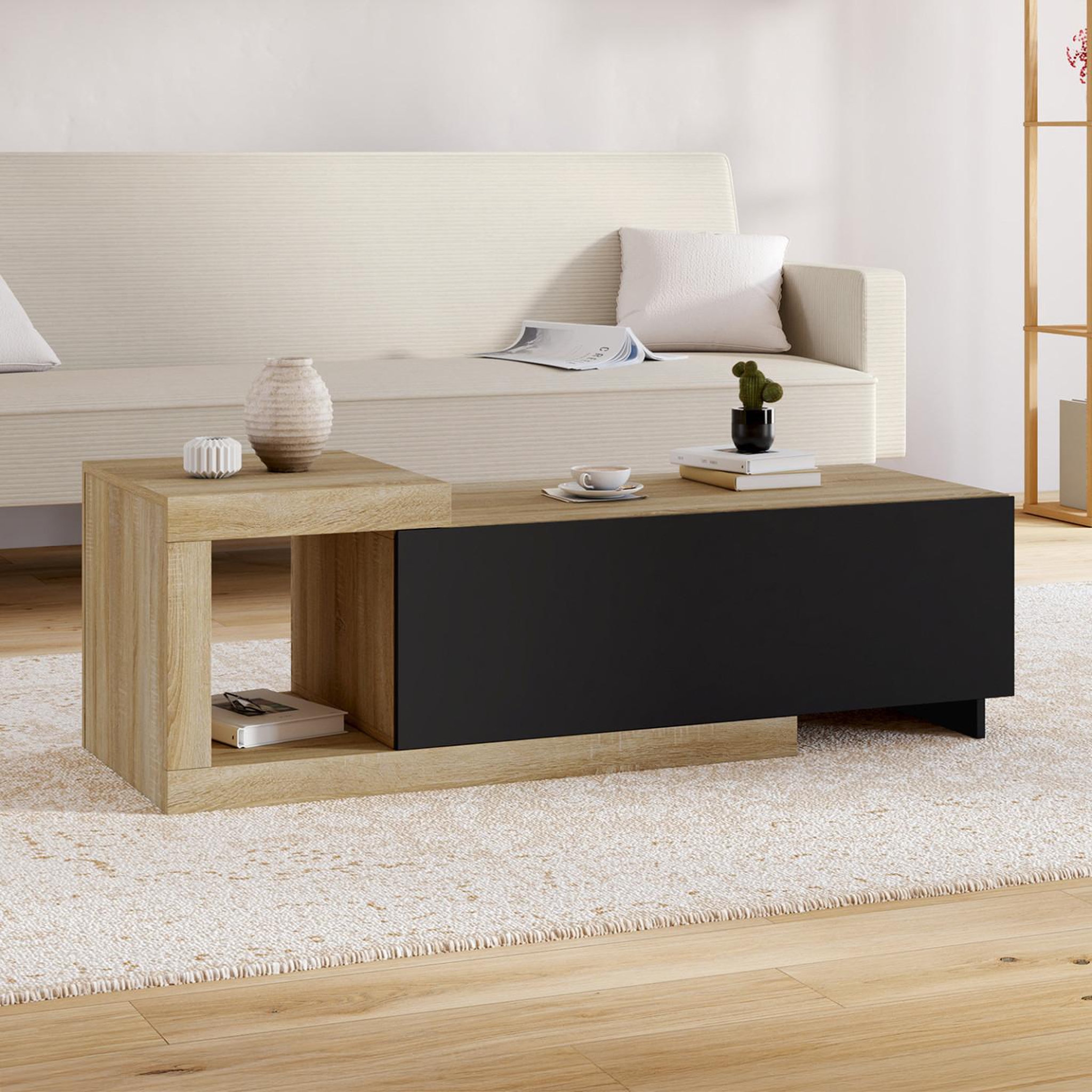 Voir la diapositive 2 : ID MARKET Table basse extensible rectangulaire raphael 100-130 cm 1 porte bois et noir