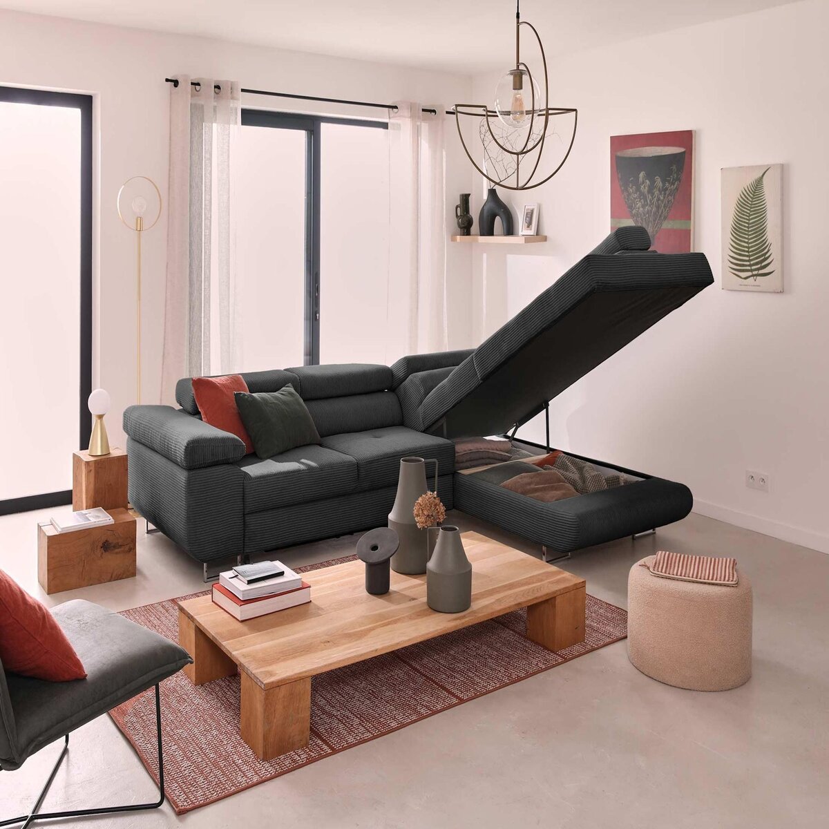 BEST MOBILIER Zaria - canapé d'angle droit - convertible avec coffre et têtières réglables - 5 places - en velours côtelé