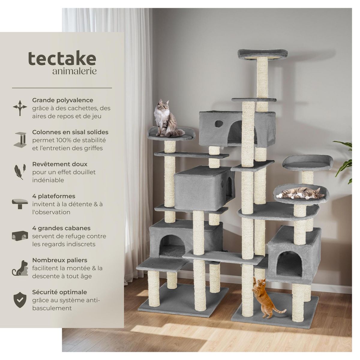 tectake Arbre à chat 214 cm avec griffoir et plateforme d'escalade gris